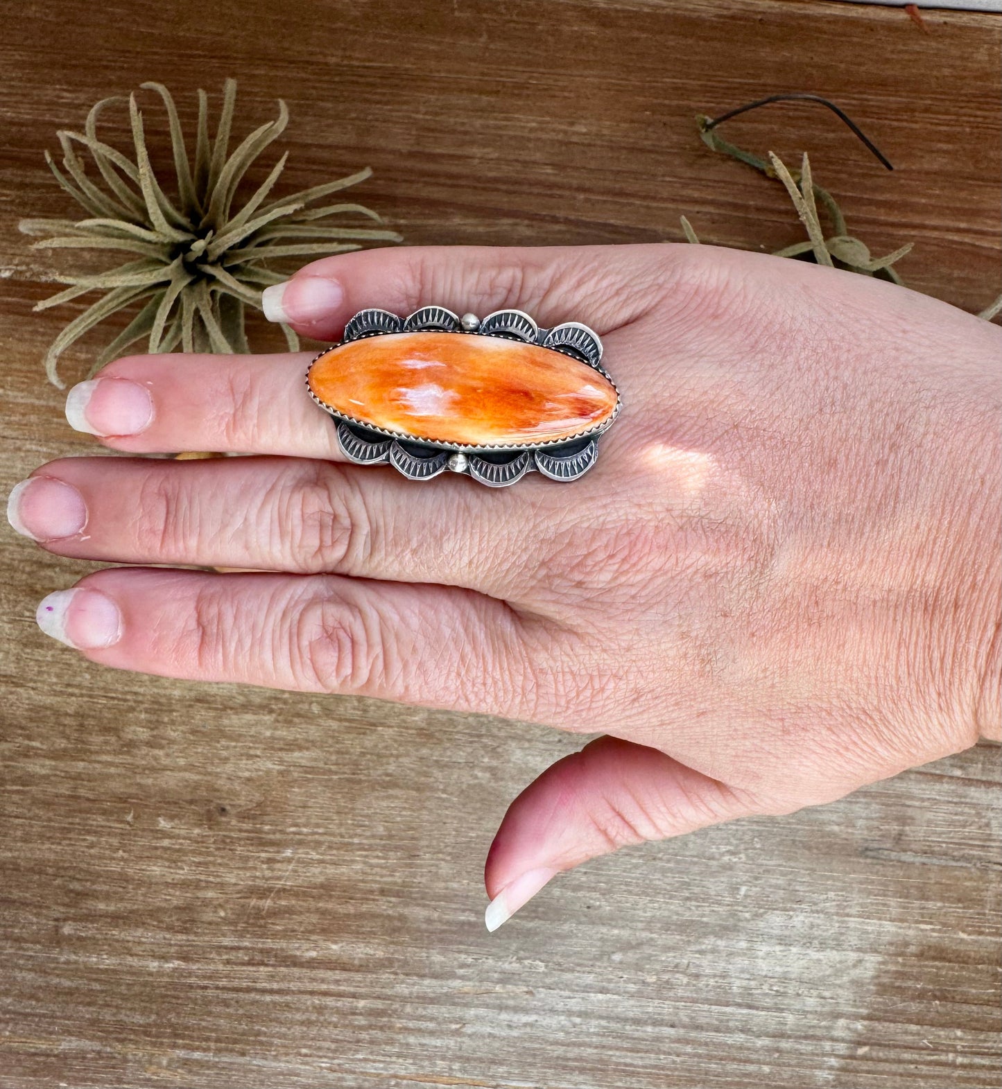 Tia Long Spiny Oyster Ring – Navajo Made – Adjustable Sterling Silver