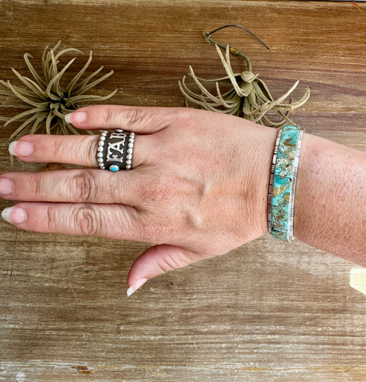 Cuff Bracelet – Green Kingman Turquoise – Sterling Silver – SF Stamp by Steve Francisco, Navajo Artist