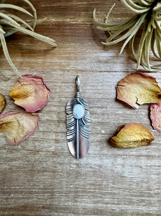 Feather Pendant with White Buffalo – Sterling Silver, Fits 8 mm Chain