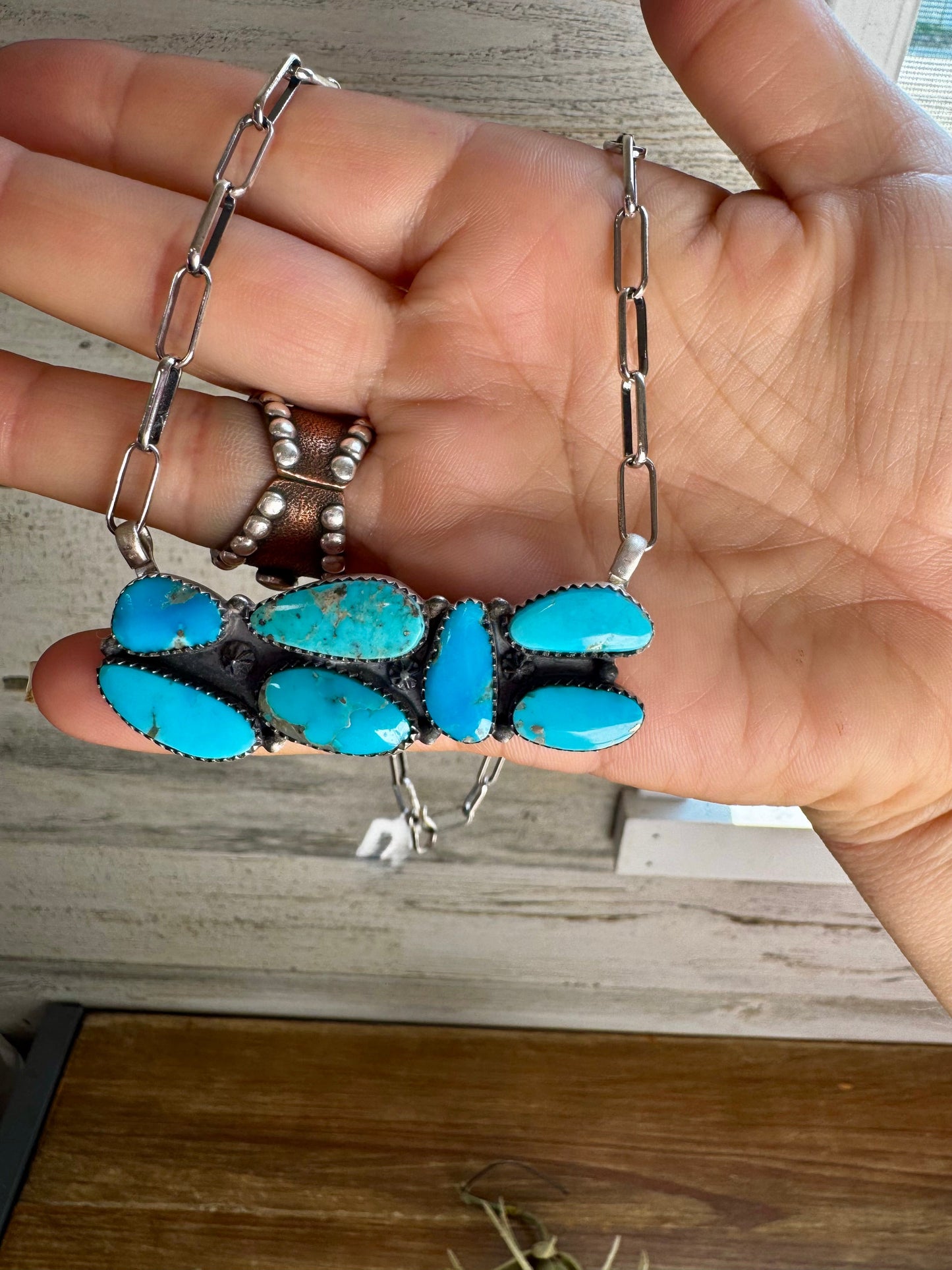 Bar Necklace – 7 Large Kingman Turquoise Stones – Sterling Silver – 19 Inch Paperclip Chain