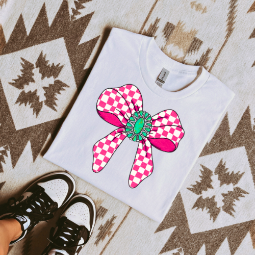 Pink checkered bow sublimation T-shirt