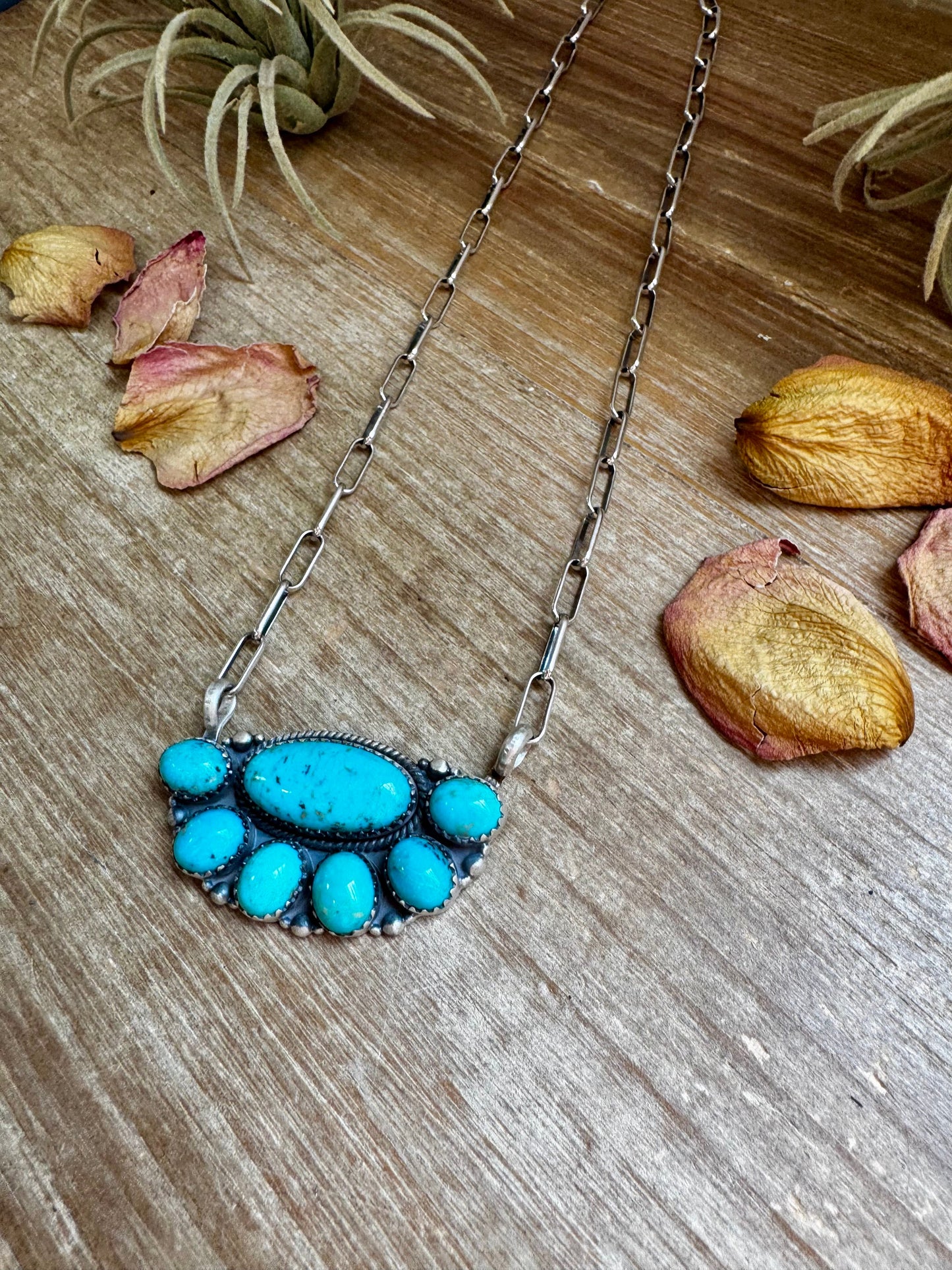 Kingman Turquoise Long Cluster Necklace – 19" Paperclip Chain
