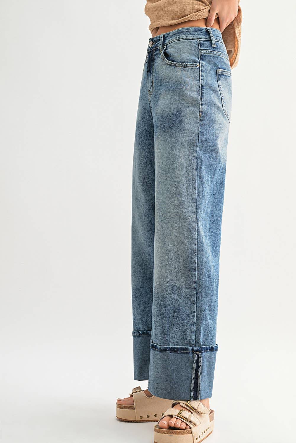 High Waist Button Zip Medium Wash Jeans