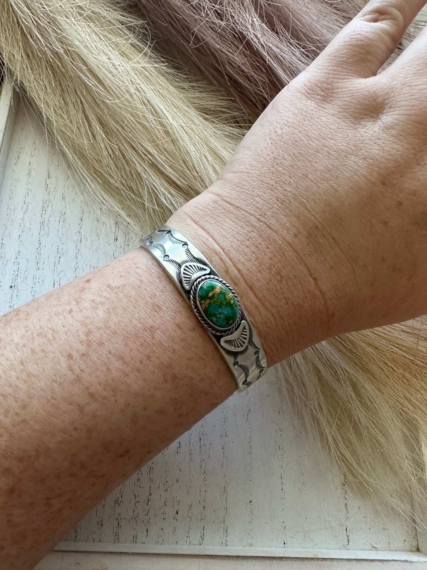 Beautiful Navajo Sterling Sonoran Mountain Turquoise Bracelet Cuff Signed