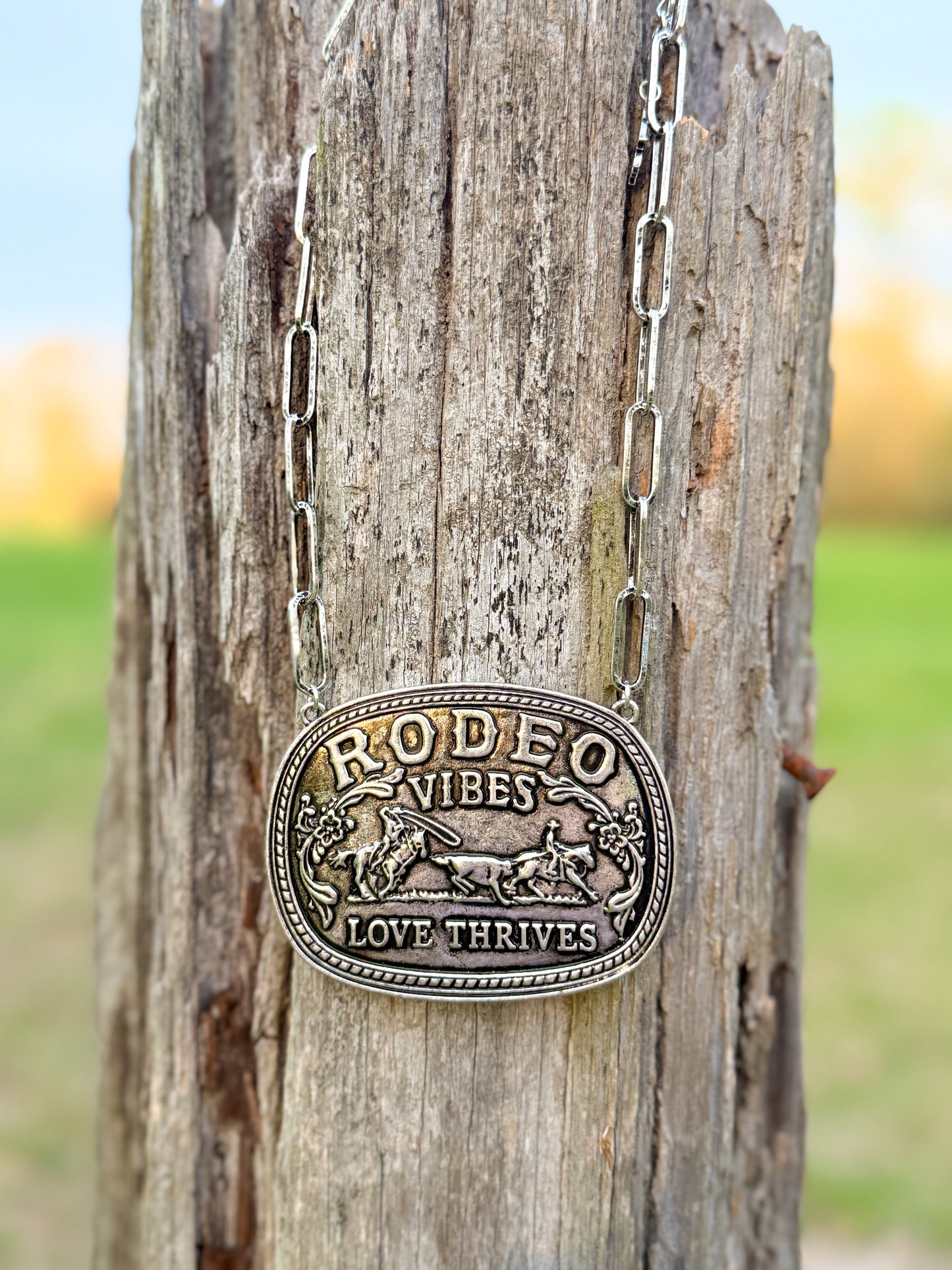 Large chunky belt buckle necklace - team roper