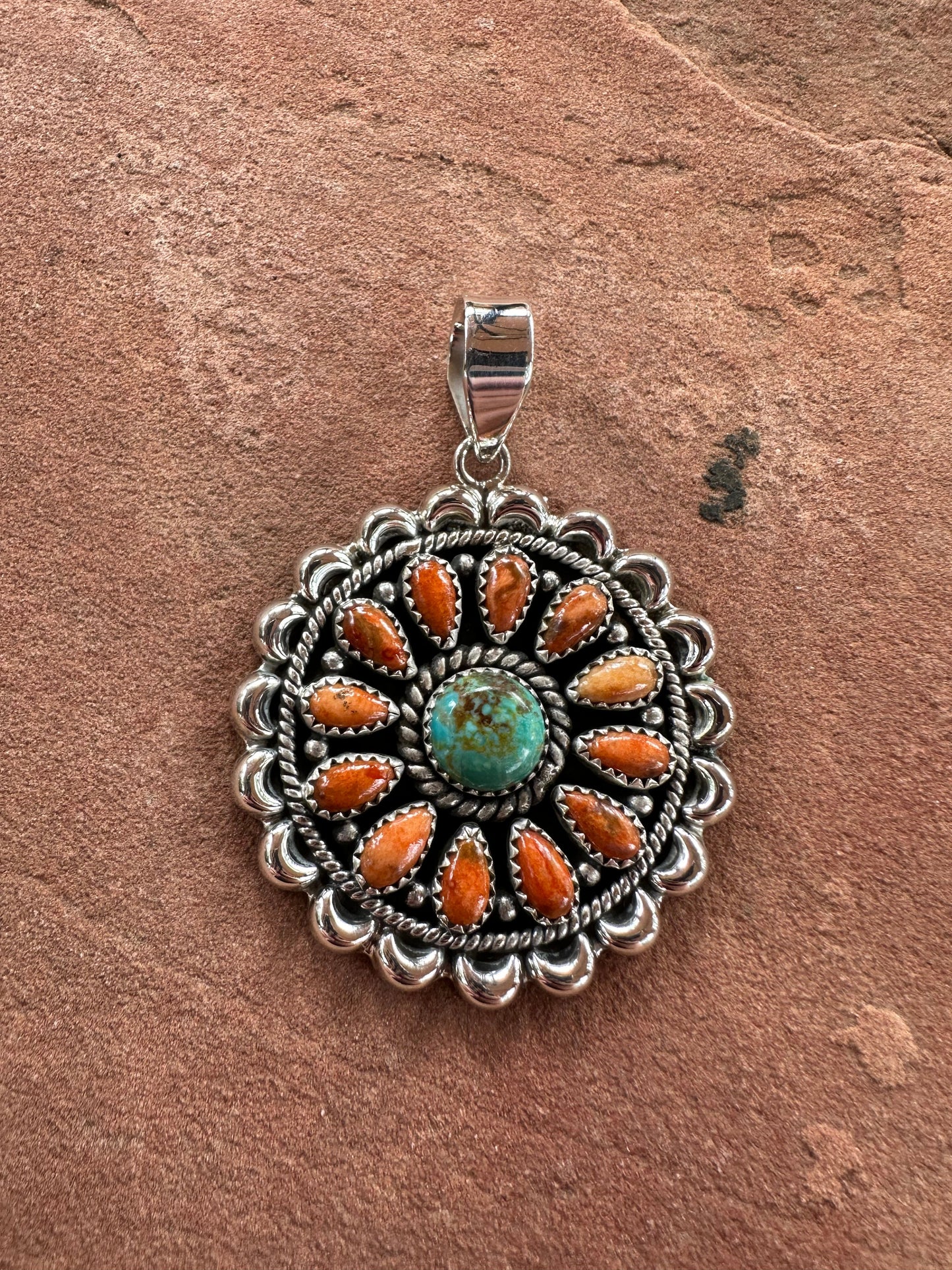 Beautiful Handmade Sterling Silver, Orange Mojave & Turquoise Cluster Pendant
