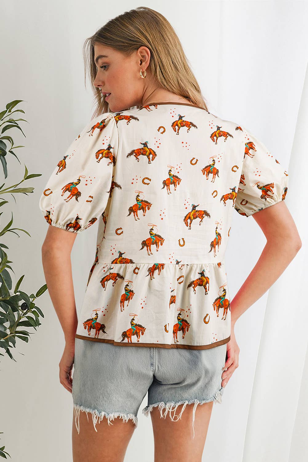 Cowboy Horse Print Bowknot Babydoll Blouse