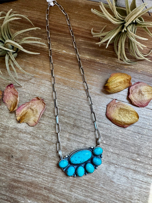 Kingman Turquoise Long Cluster Necklace – 19" Paperclip Chain
