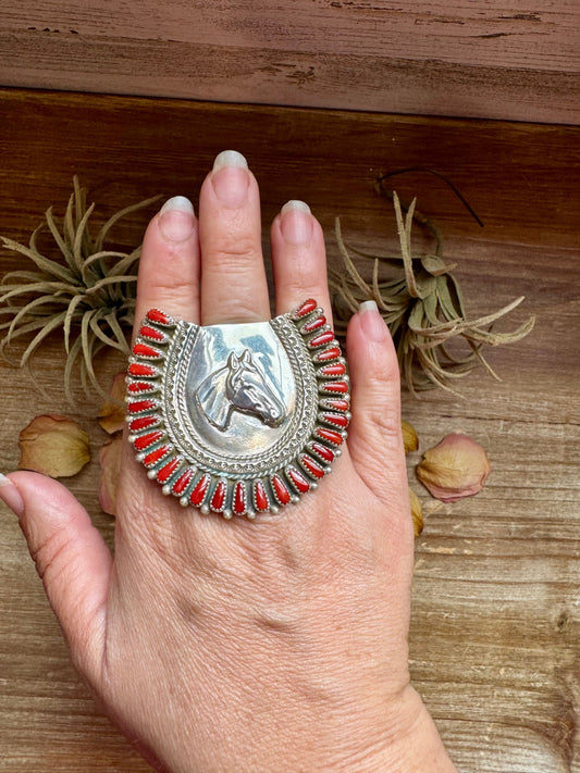 Navajo Coral Horse Ring – Adjustable Sterling Silver by Donovan Wilson