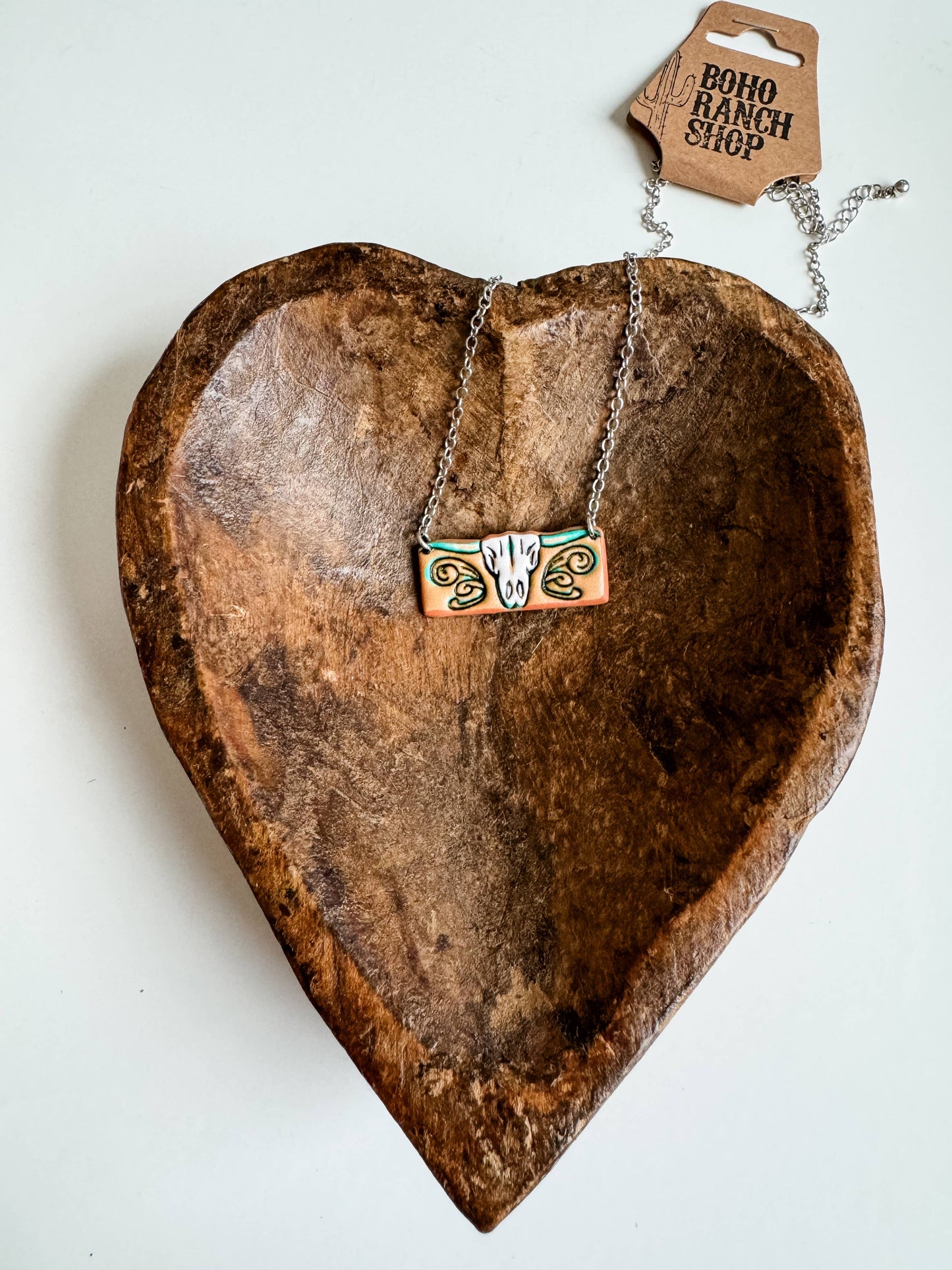 Western Tooled Leather Bar Necklace: STEER LONGHORN