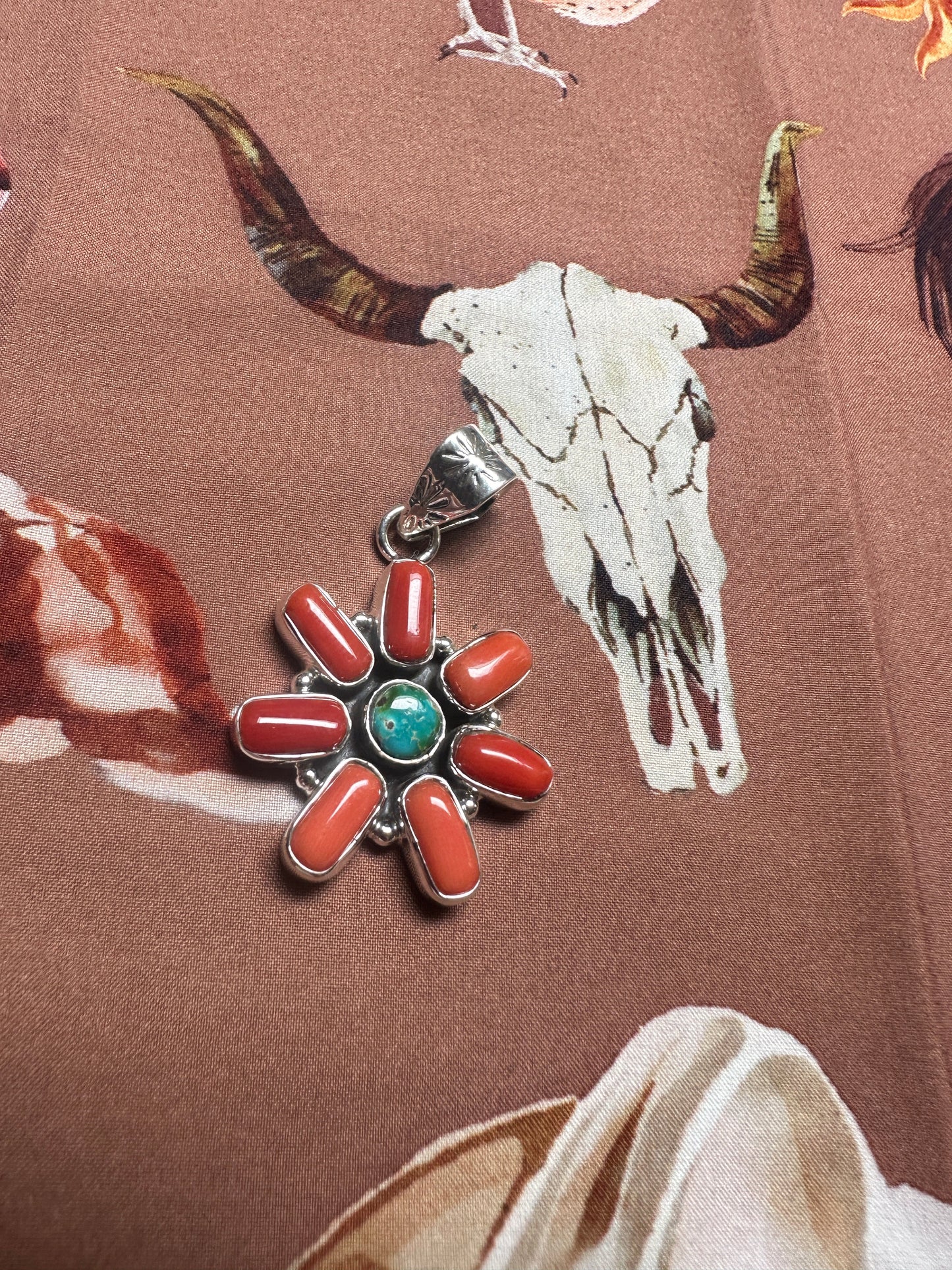 Beautiful Handmade Sterling Silver, Coral & Sonoran Mountain Turquoise Flower Pendant