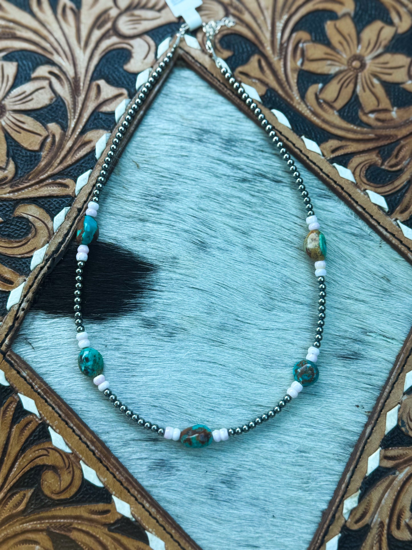 15” Pink Conch & Turquoise Necklace – Sterling silver