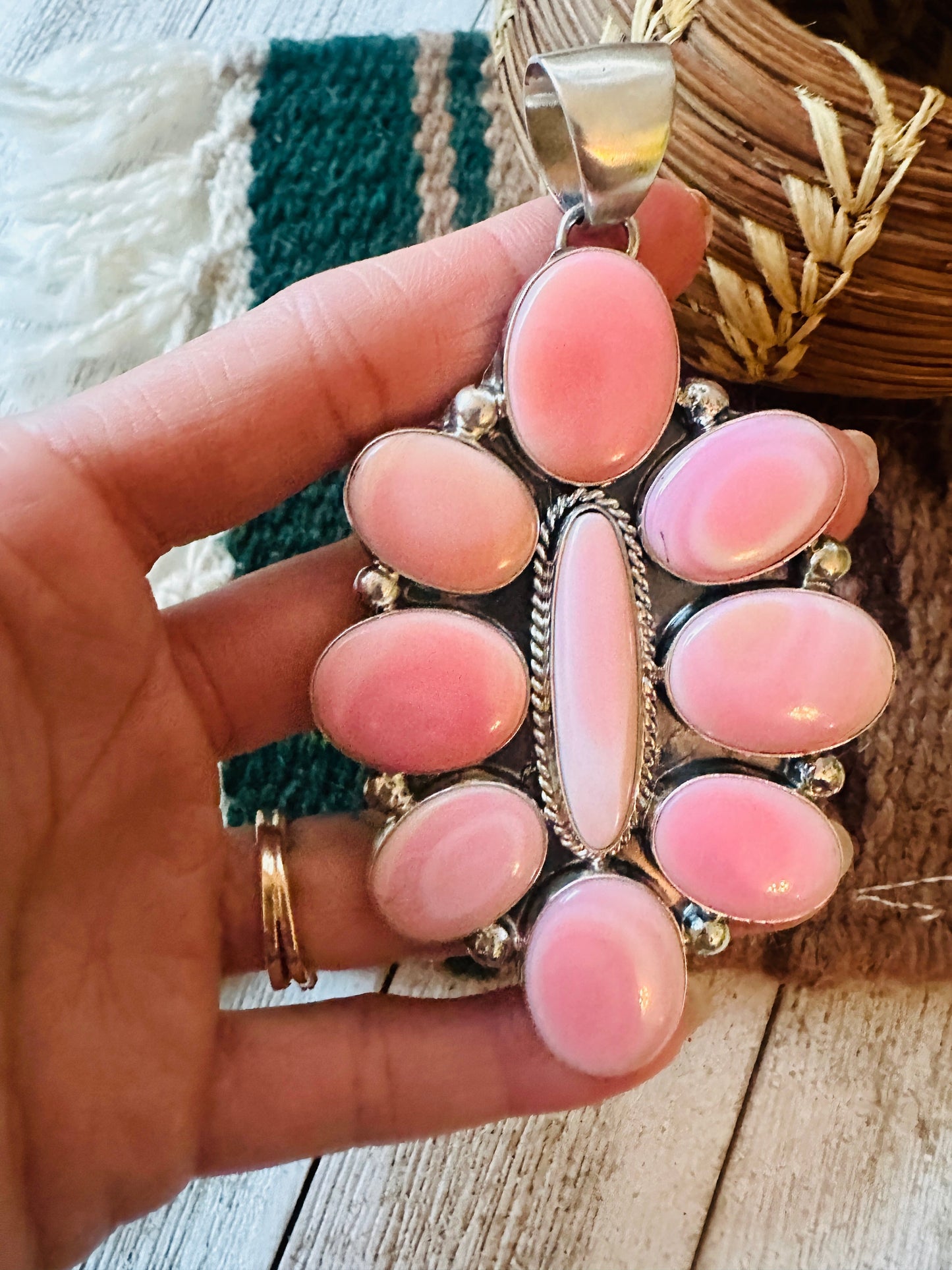 Navajo Queen Pink Conch Shell & Sterling Silver Cluster Pendant