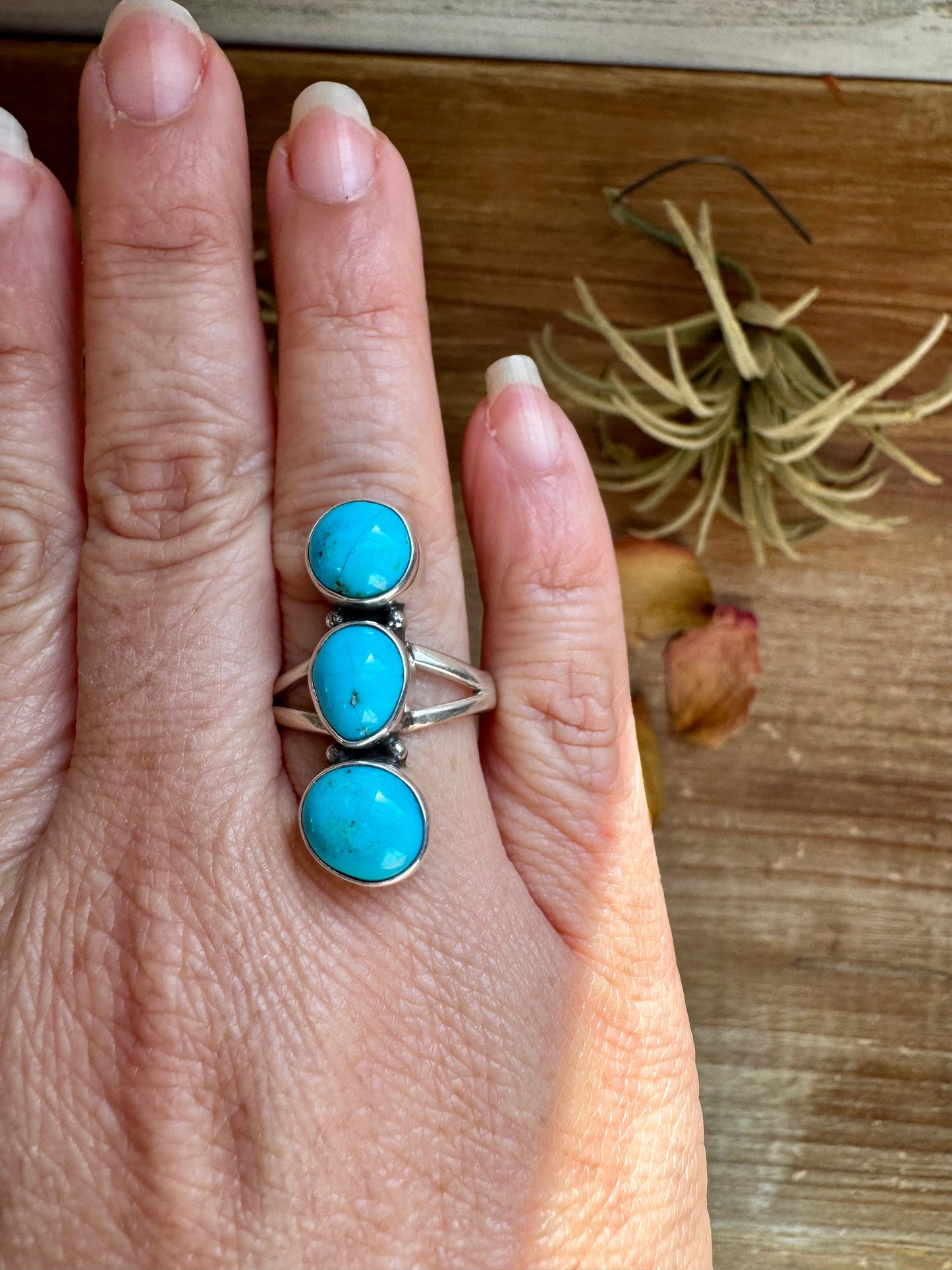3-Stone Kingman Turquoise Ring – Size 9.5 Sterling Silver