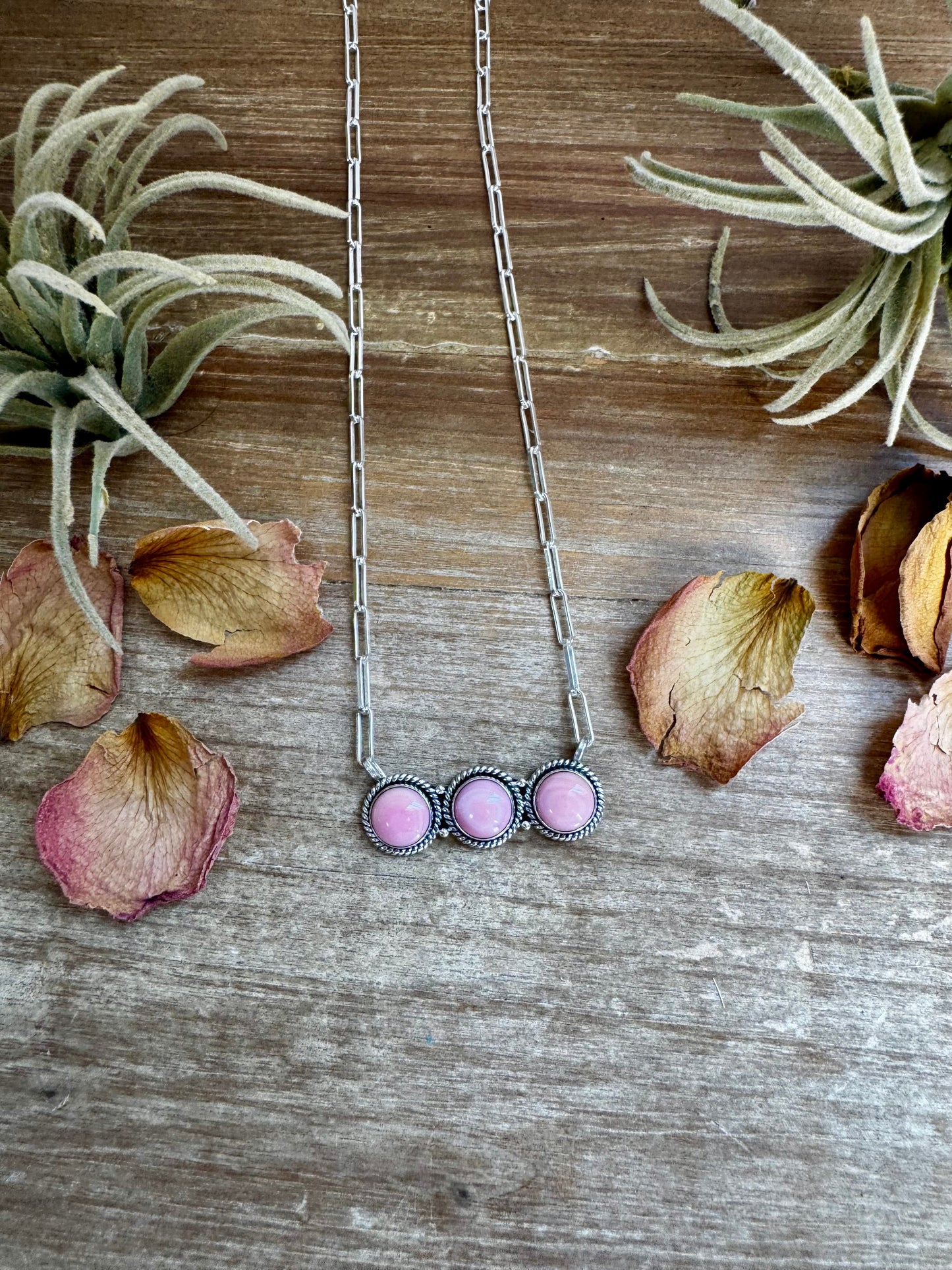 Bar Necklace – 3 Pink Conch Rounds – Sterling Silver – 19 Inch – USA Made