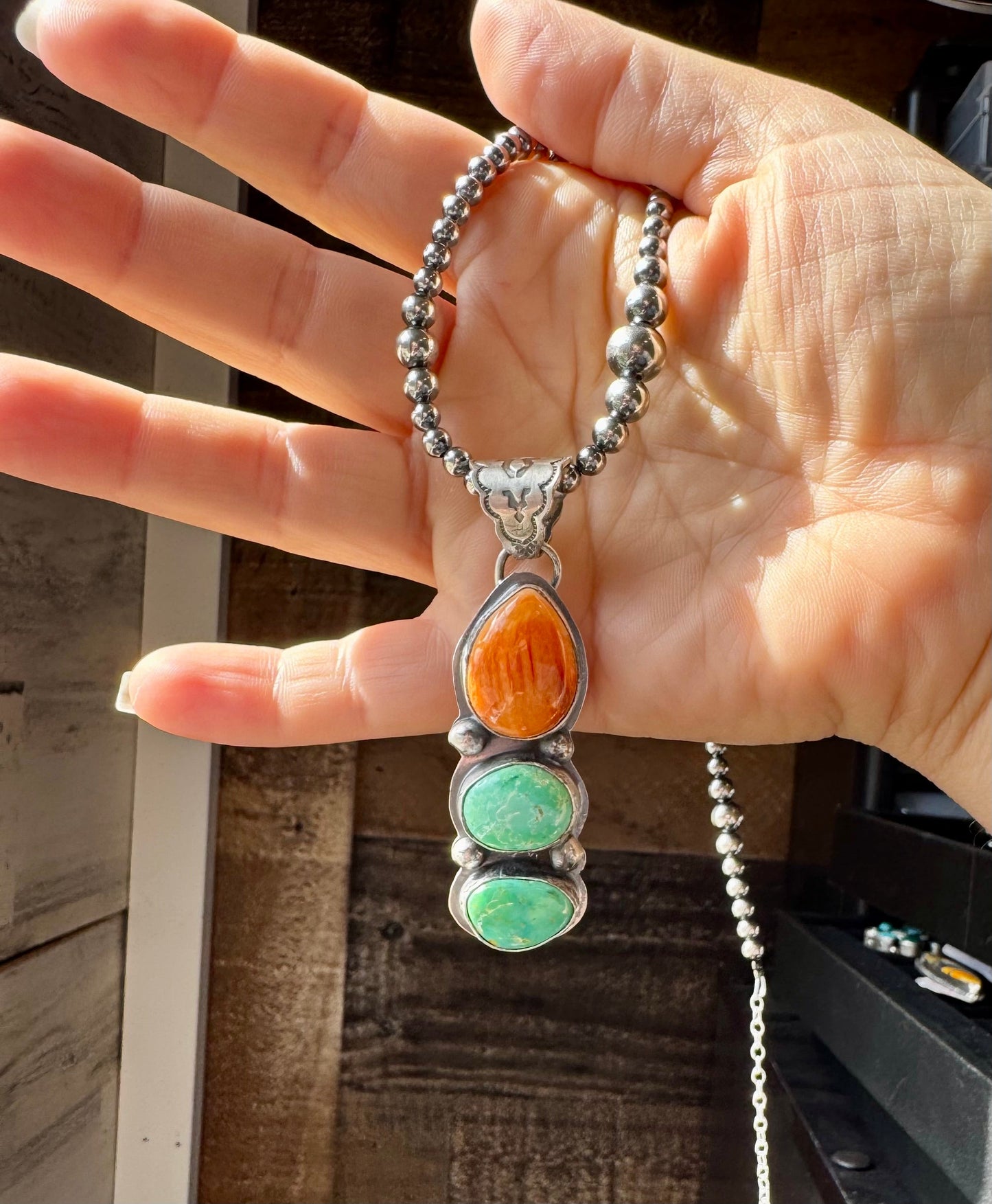Orange Spiny & Turquoise Pendant – Sterling Silver, Boyd Ashley Navajo