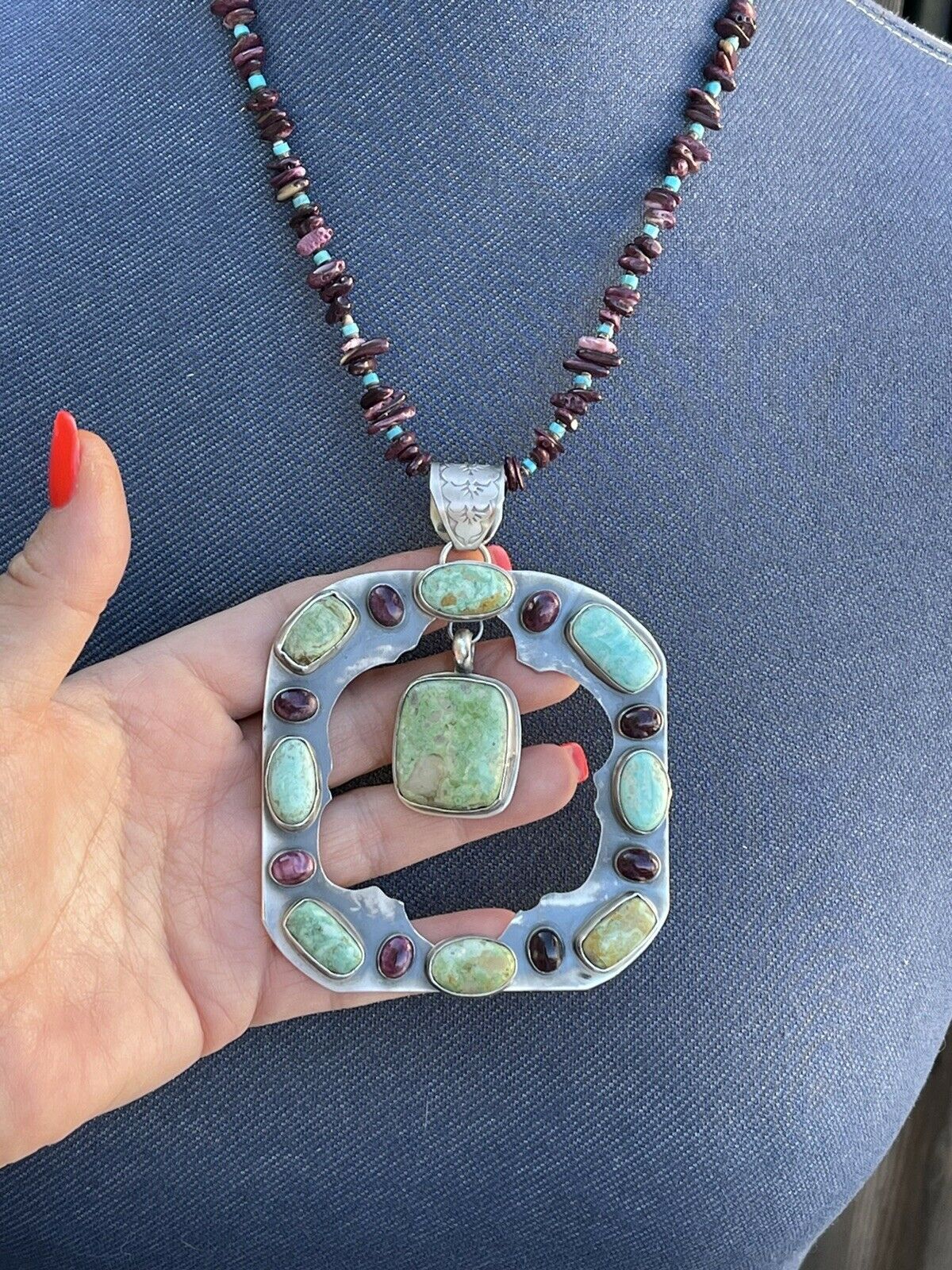 Beautiful Navajo Sterling Silver Royston Stone & Purple Pendant Signed