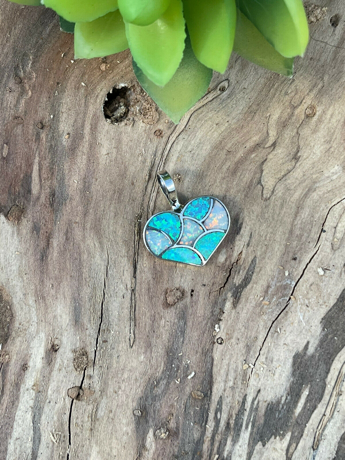 Zuni Iridescent Blue / White Opal & Sterling Silver Heart Pendant