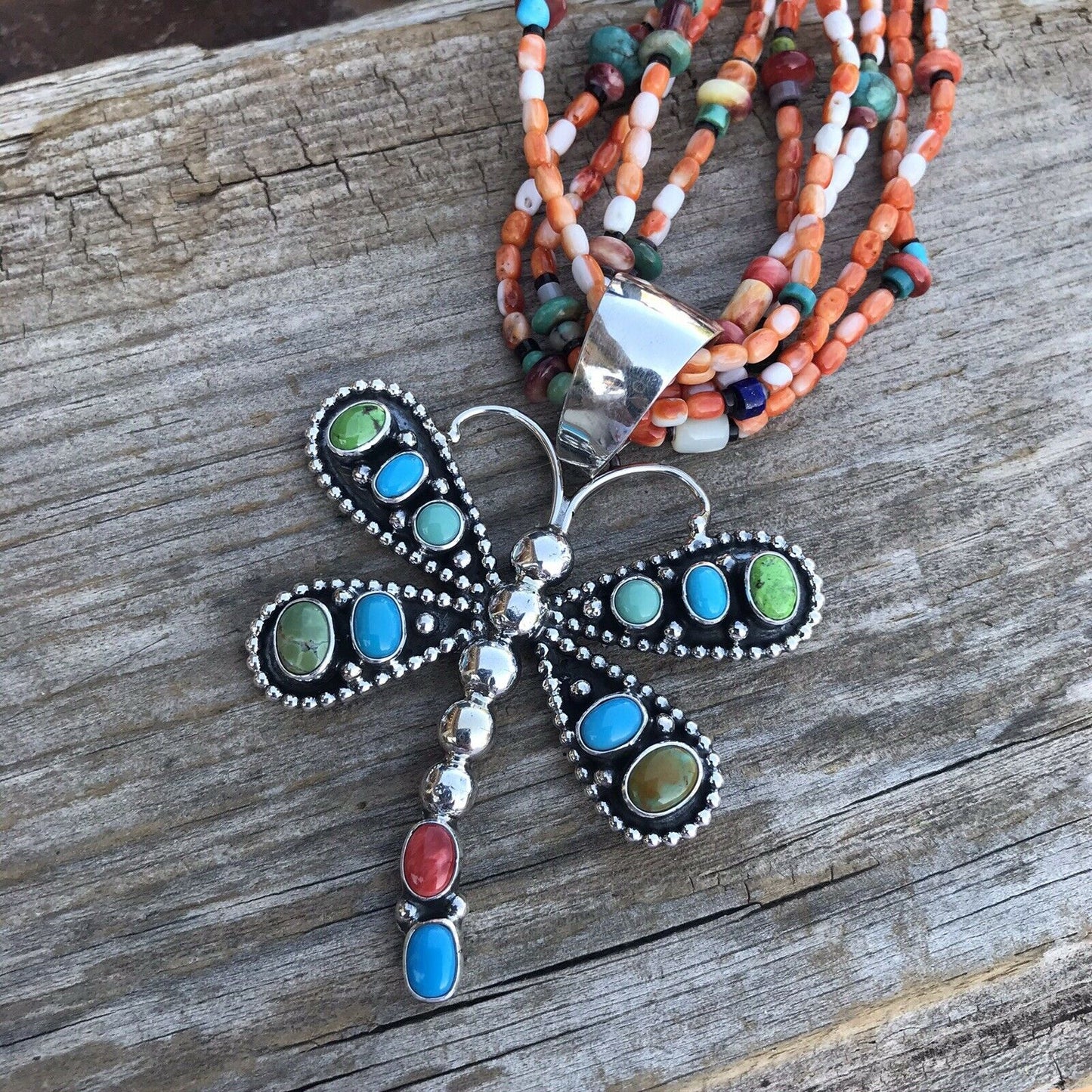 Beautiful Navajo Sterling Silver Multi Stone Dragonfly Pendant Paul Livingston