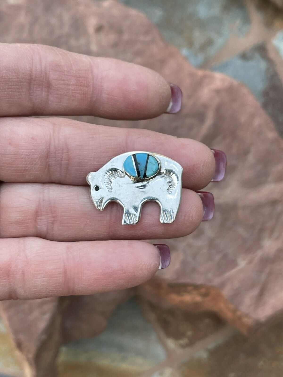 Navajo Sterling Silver Multi Stone Buffalo Pendant Pin Signed