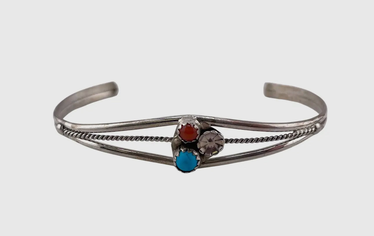 Turquoise & Coral Flower Navajo Cuff Bracelet
Sterling Silver