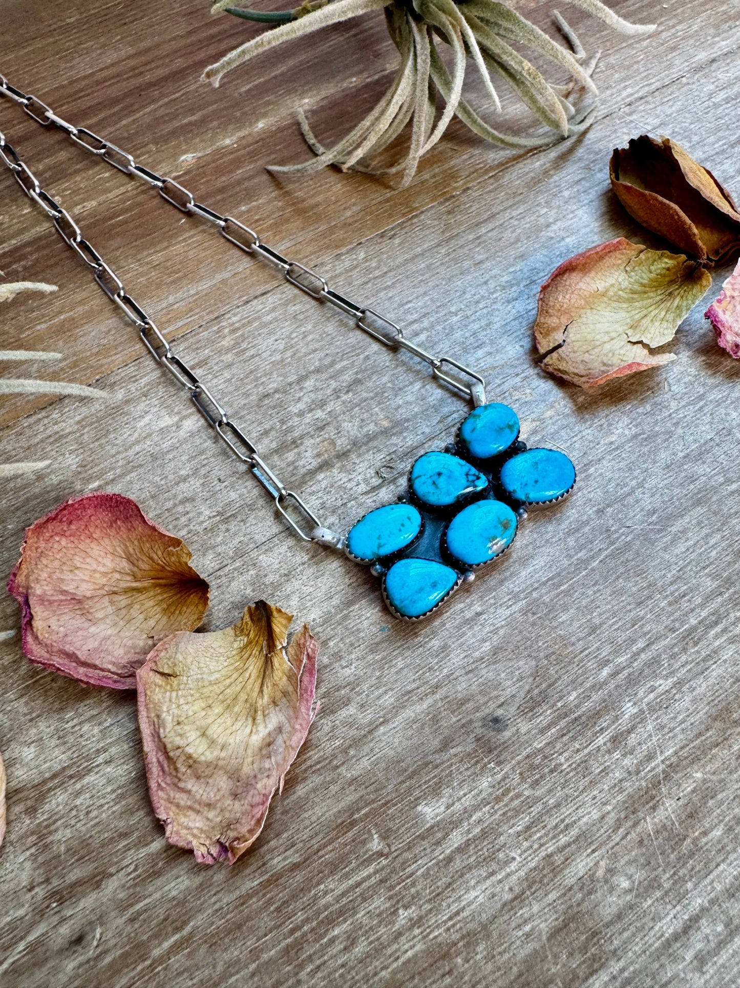 Bar Necklace – 6 Kingman Turquoise Stones – Sterling Silver – 19 Inch Paperclip Chain