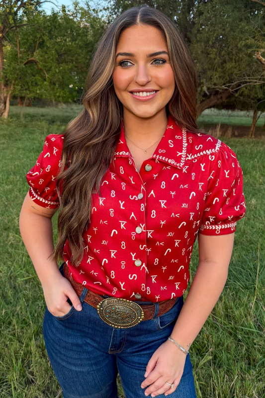Branded In Red Button Up Top