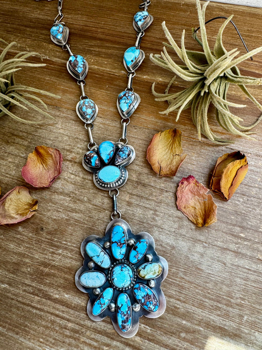 Massive Lariat Necklace – Golden Hill Turquoise – 28 Inch Sterling Silver Chain – 5.5 Inch Drop – Native Made by Delbert Santos