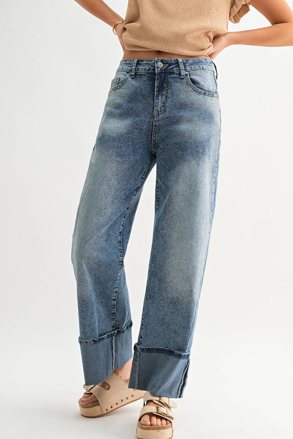 High Waist Button Zip Medium Wash Jeans