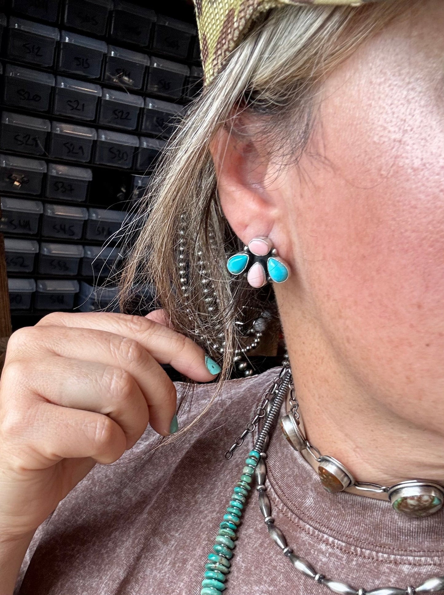 Stud Earrings – Kingman Turquoise & Pink Conch (Stamped Marcella James)
