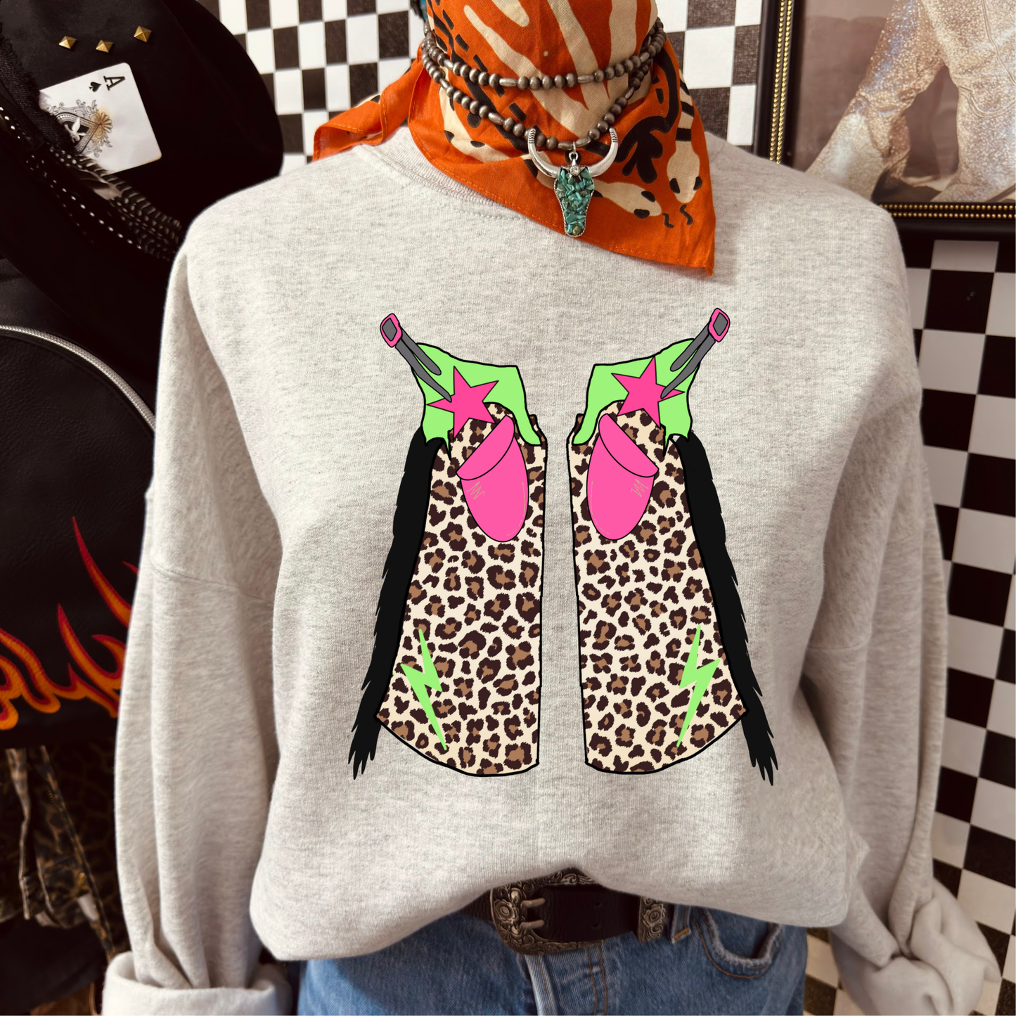 Neon cowgirl chaps sweatshirt