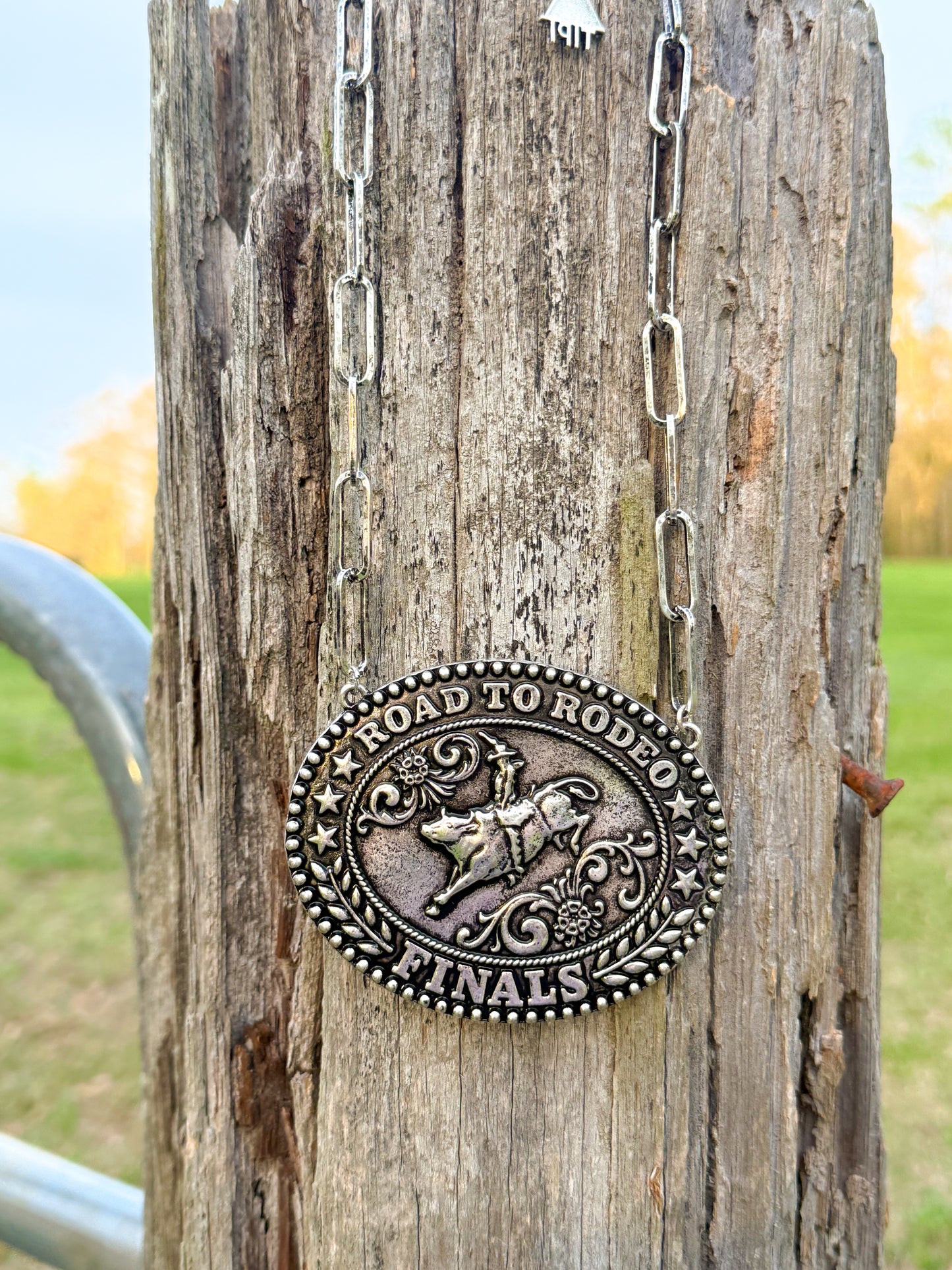 Large chunky belt buckle necklace - bull rider