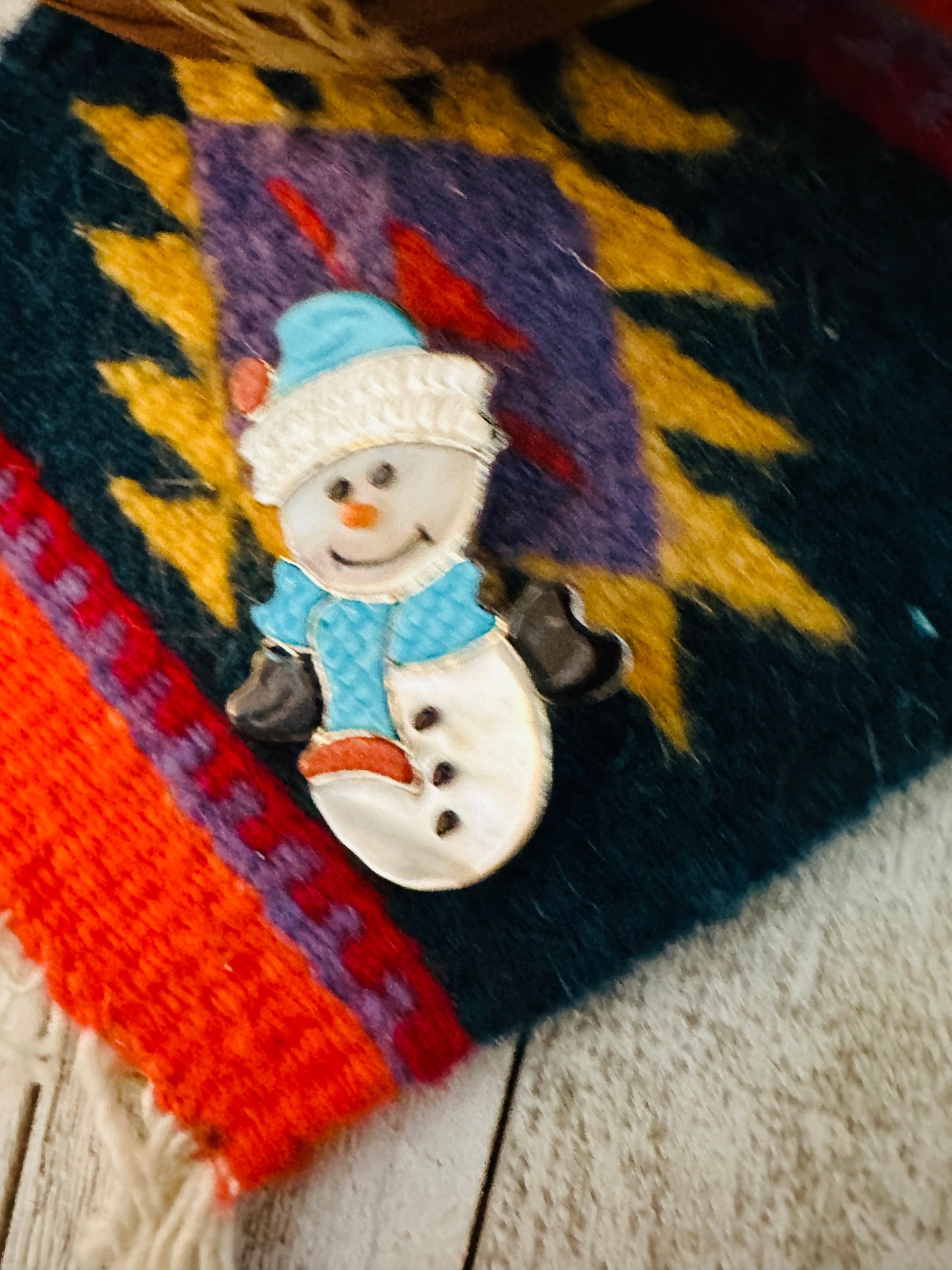 Zuni Multi Stone & Sterling Silver Inlay Snowman Brooch/ Pendant