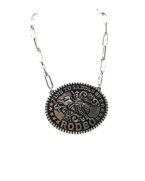 Western Large Time To Saddle Rodeo Pendant Necklace