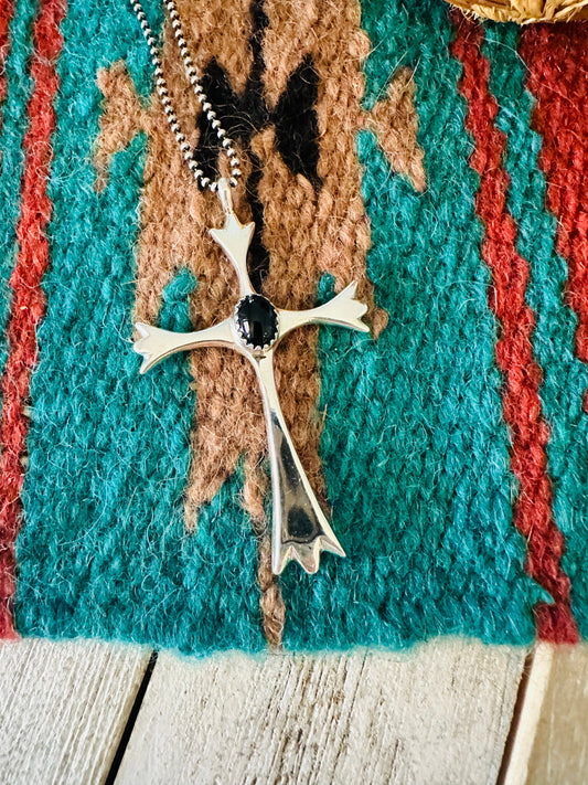 Navajo Black Onyx & Sterling Silver Cross Pendant