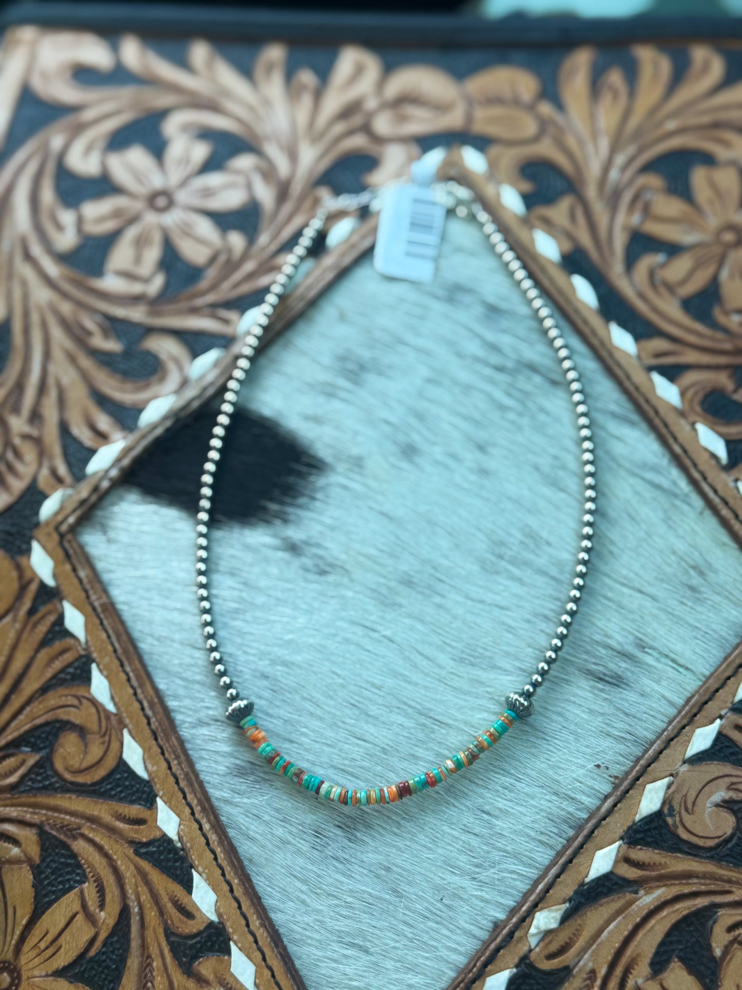 Sterling Silver Pearl Choker with Turquoise & Spiny Oyster Heishi