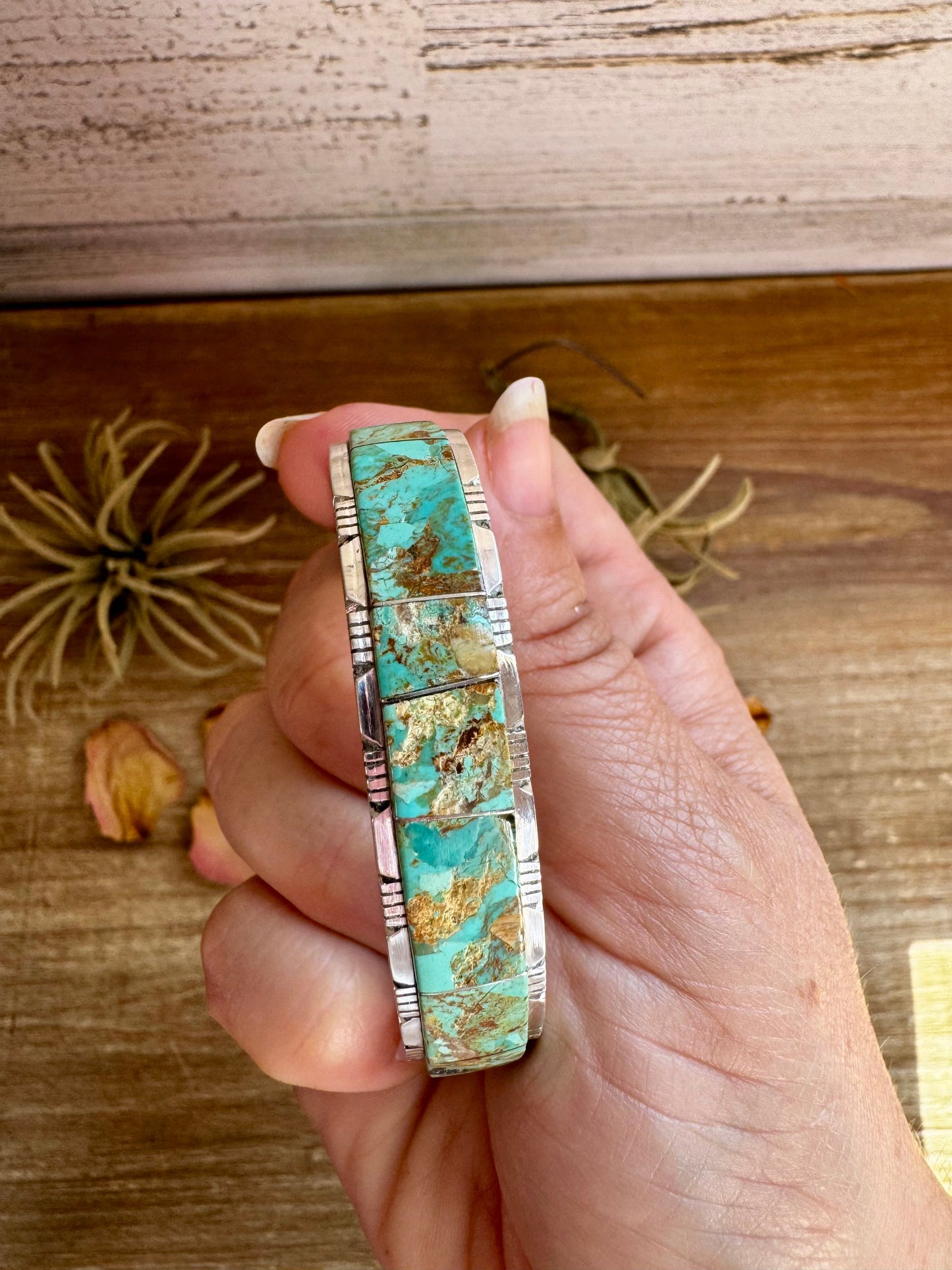Cuff Bracelet – Green Kingman Turquoise – Sterling Silver – SF Stamp by Steve Francisco, Navajo Artist