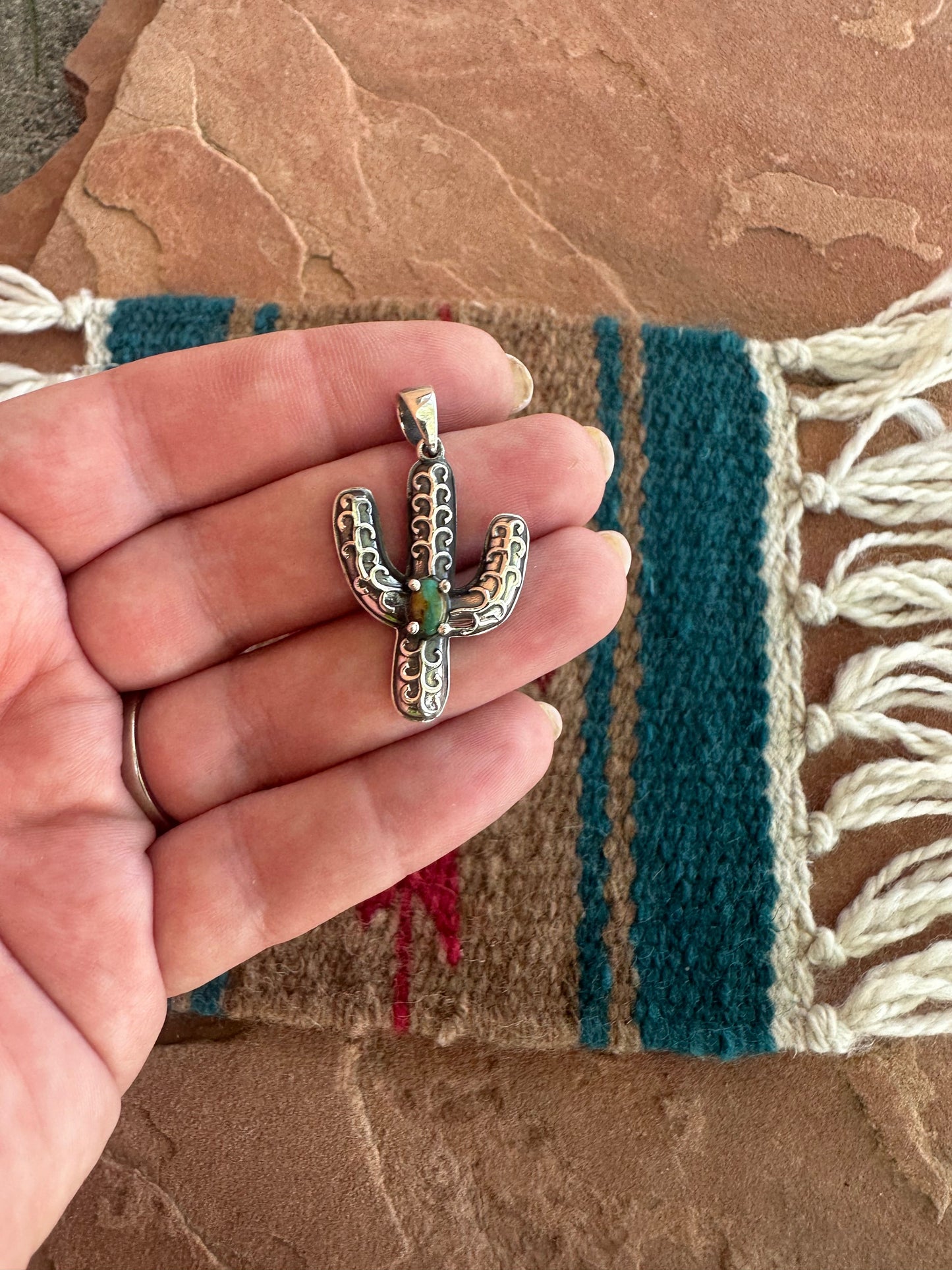 Beautiful Handmade Sterling Silver & Turquoise Cactus Pendant