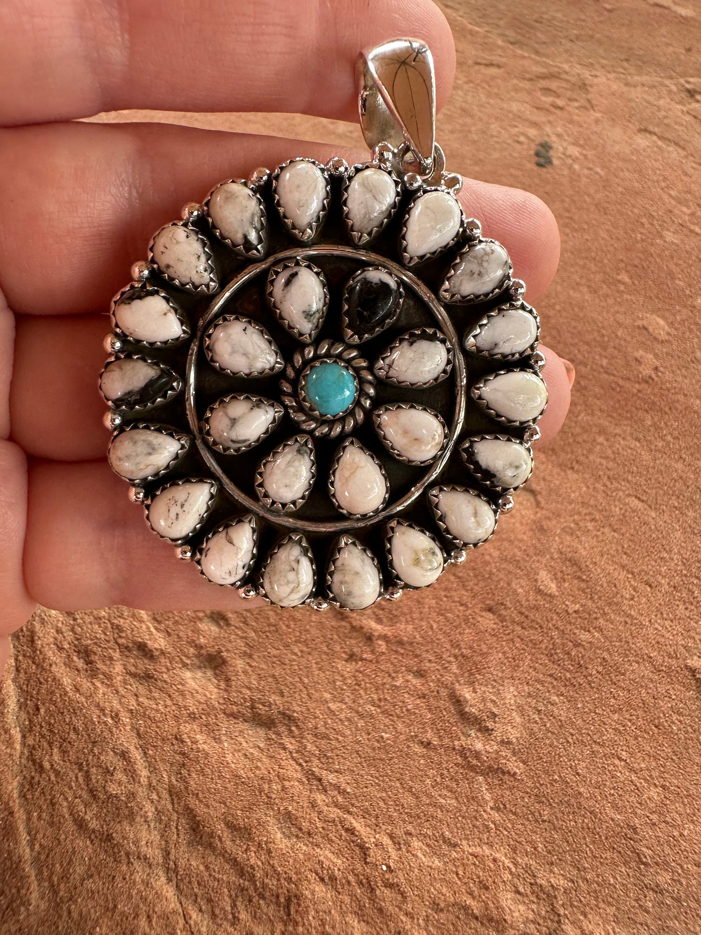 Beautiful Handmade Sterling Silver, White Buffalo & Turquoise Cluster Pendant