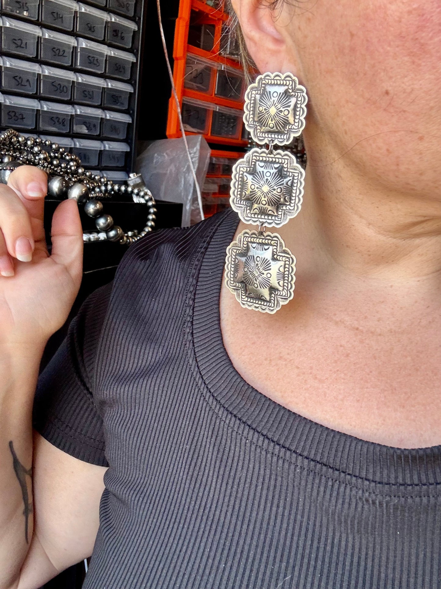 hree-Tier Concho Statement Earrings – Sterling Silver, Native Made by Leander & Rhonda Largo