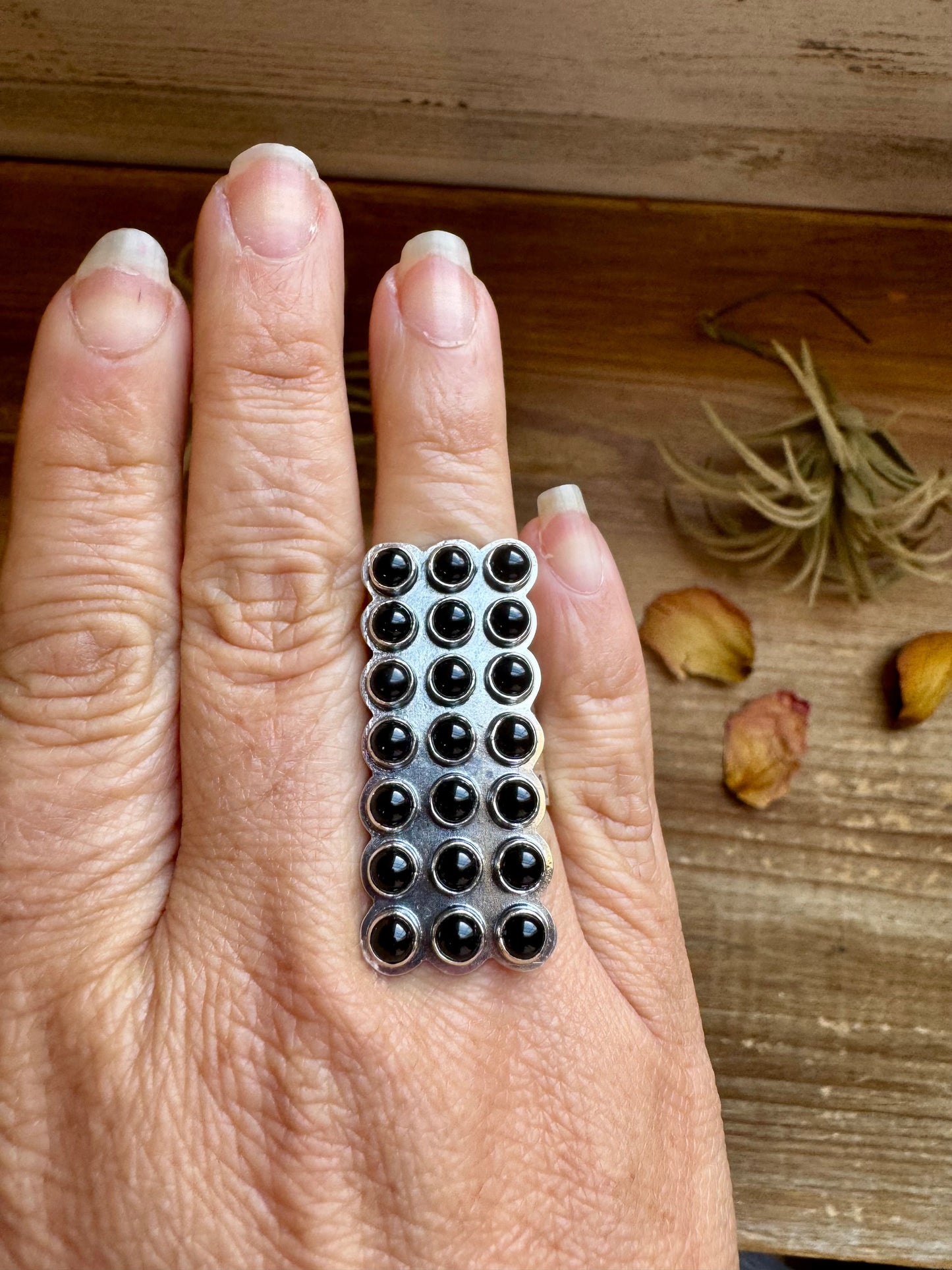 Adjustable Black Onyx Ring – Rectangle Shape – Sterling Silver