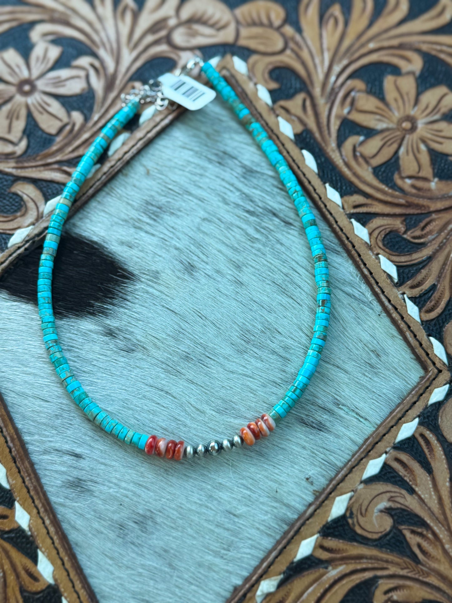 14” Vibrant Choker – Turquoise, Spiny Oyster & Sterling Silver