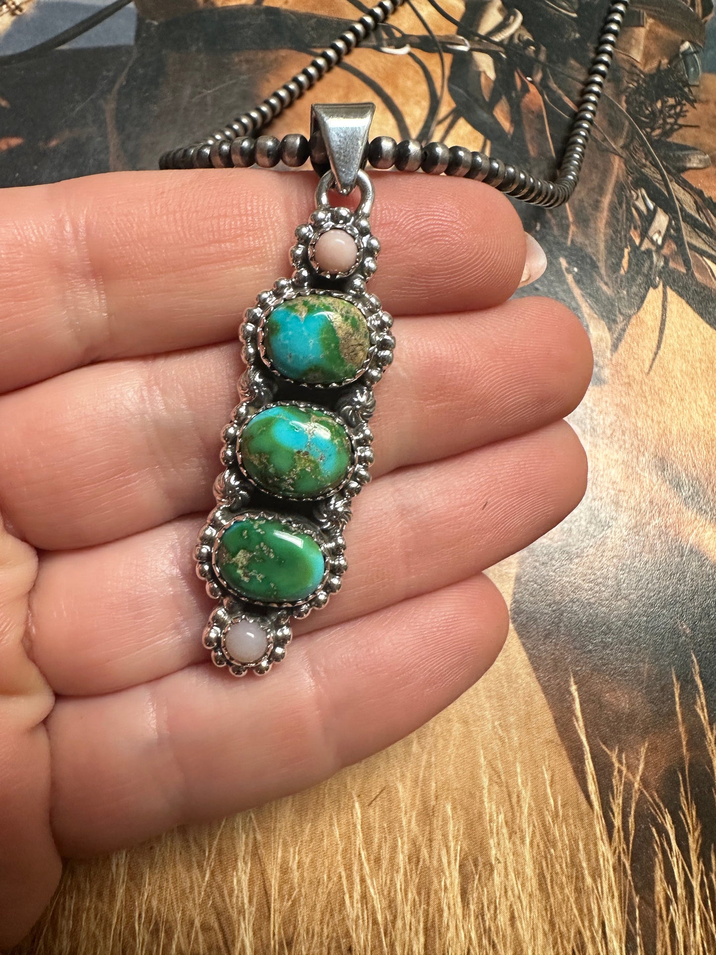Beautiful Handmade Sterling Silver, Pink Conch & Sonoran Turquoise Pendant