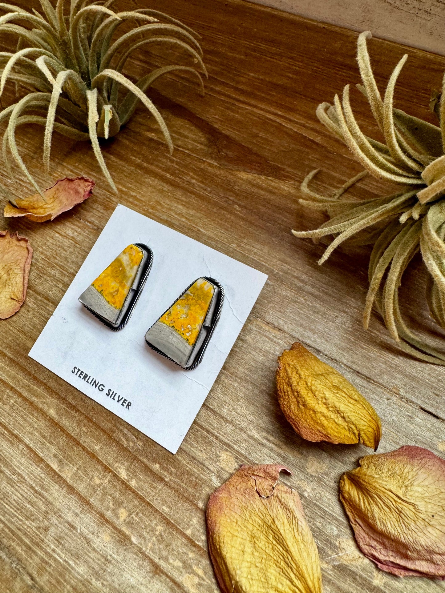 Bumblebee Jasper Stud Earrings – Native Made, Sterling Silver, 1 Inch Long