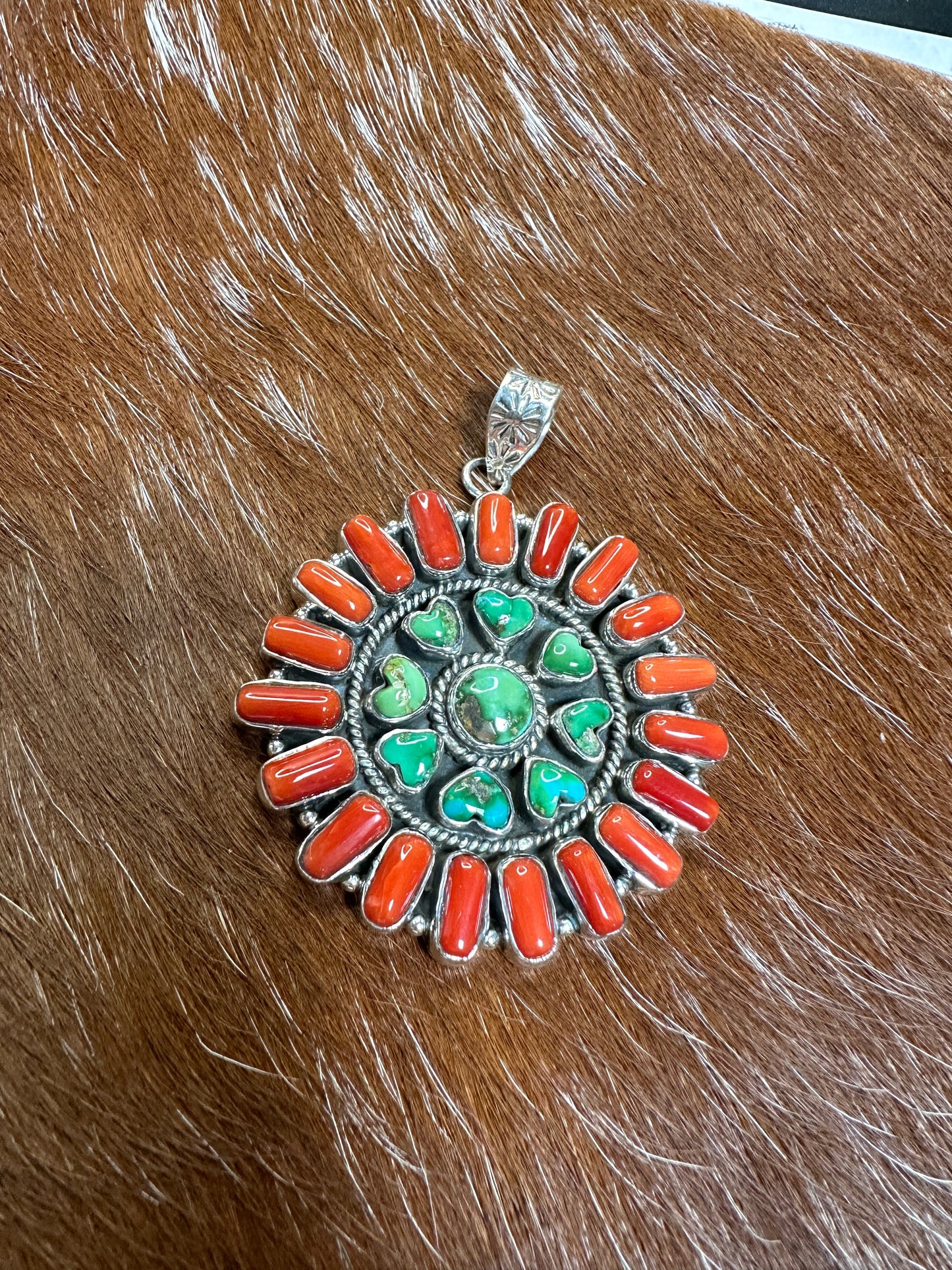 Beautiful Handmade Sterling Silver, Coral & Sonoran Mountain Turquoise Heart Pendant style 2