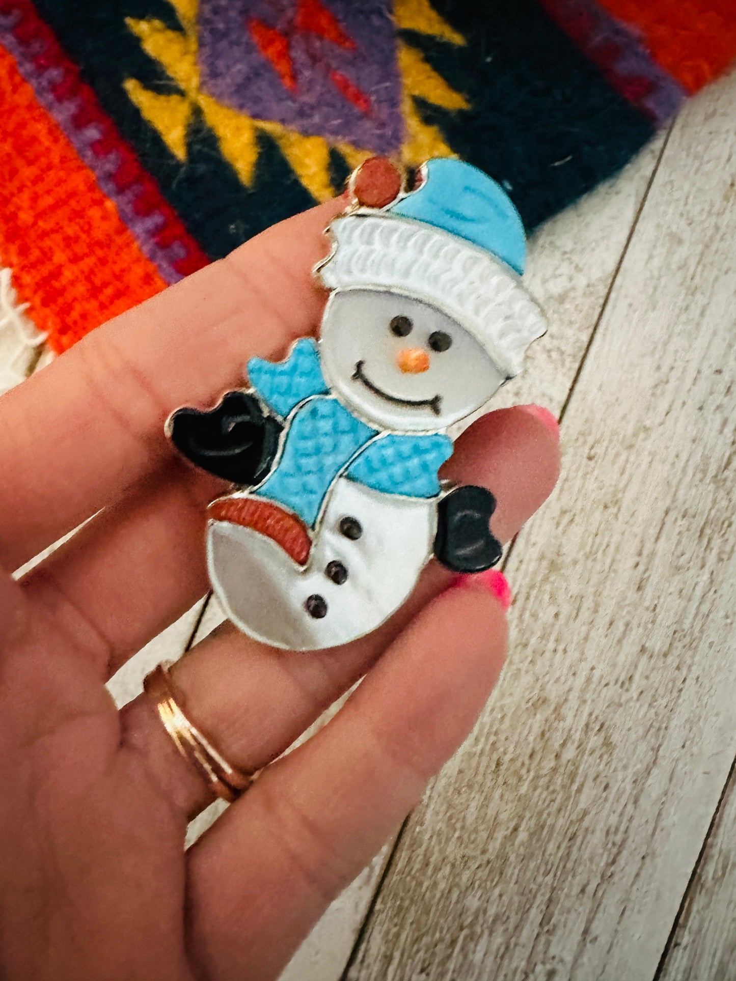 Zuni Multi Stone & Sterling Silver Inlay Snowman Brooch/ Pendant