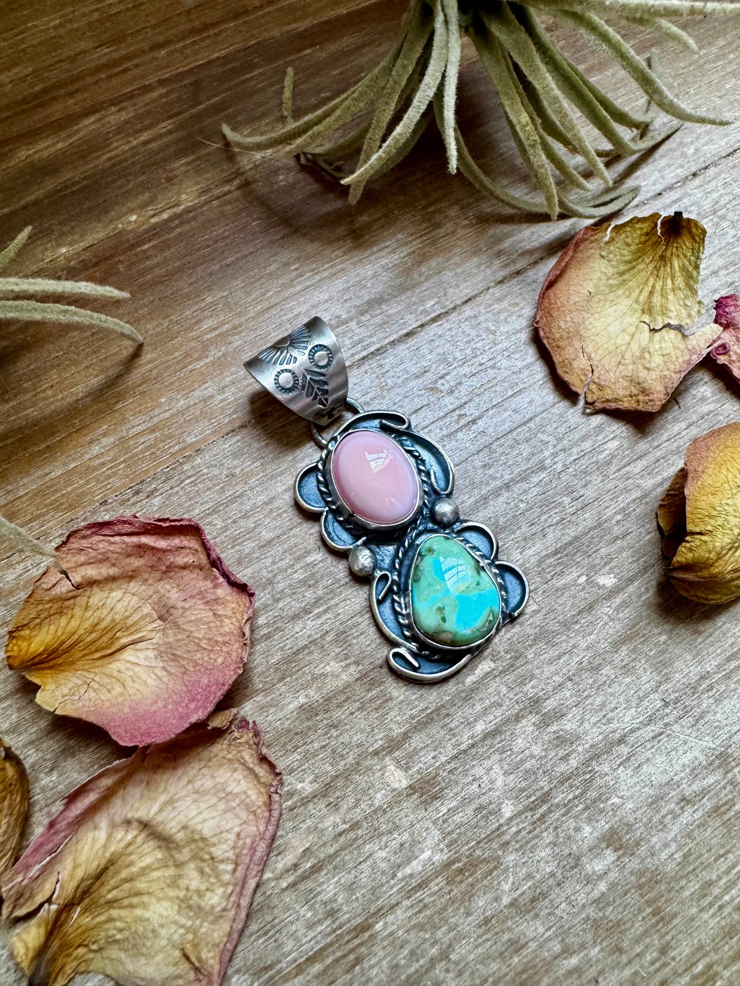 Pink Conch & Sonoran Gold Turquoise Pendant – Sterling Silver by Gilbert Nez