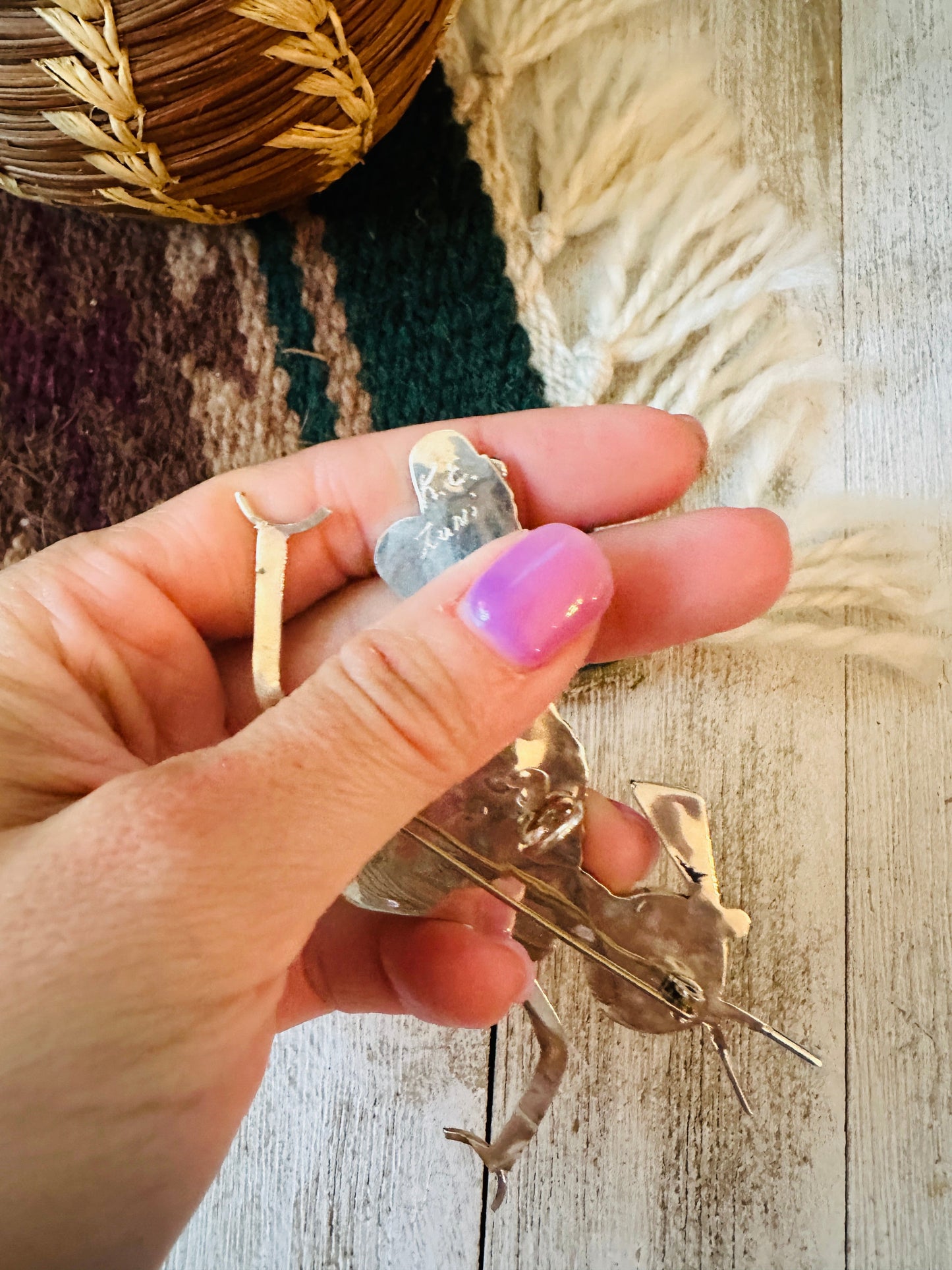 Zuni Multi Stone & Sterling Silver Inlay Roadrunner Brooch/ Pendant