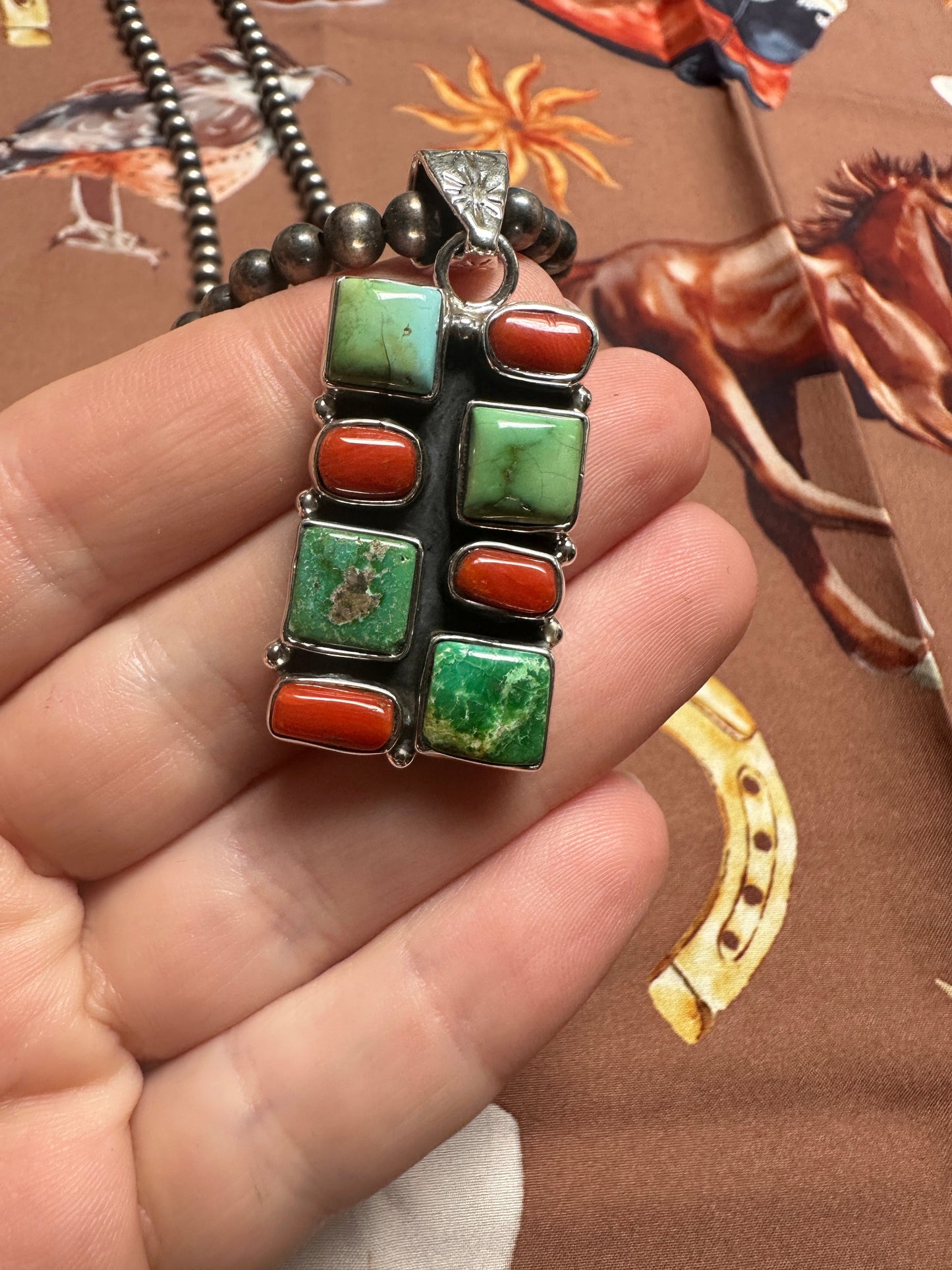 Beautiful Handmade Sterling Silver, Coral & Sonoran Mountain Turquoise Bar Pendant