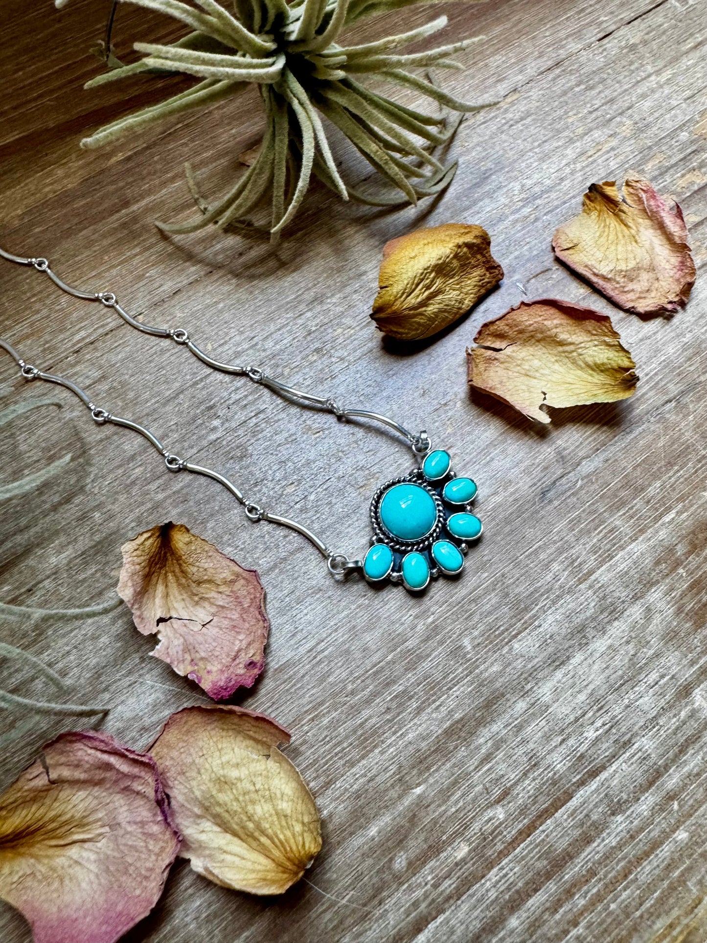 Smaller Cluster Necklace – Kingman Turquoise on Liquid Silver Chain, 18 Inch – USA Made